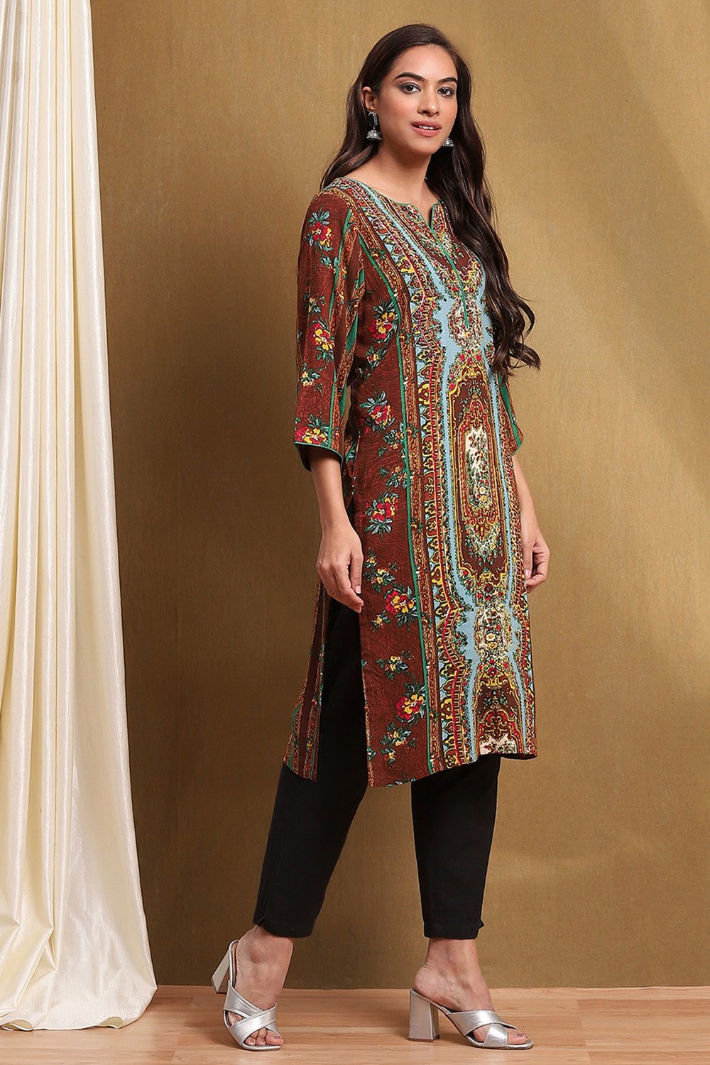 Brown Hand-Block Printed Straight Kurta image number 4