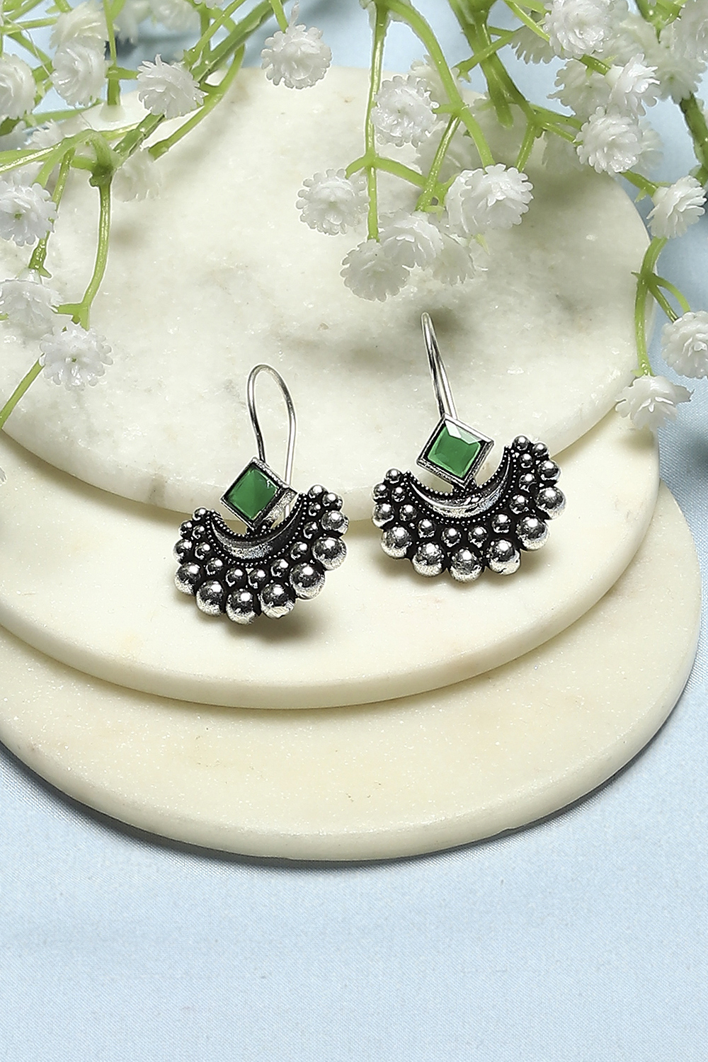 Green Oxidised Stone Studded Danglers image number 0