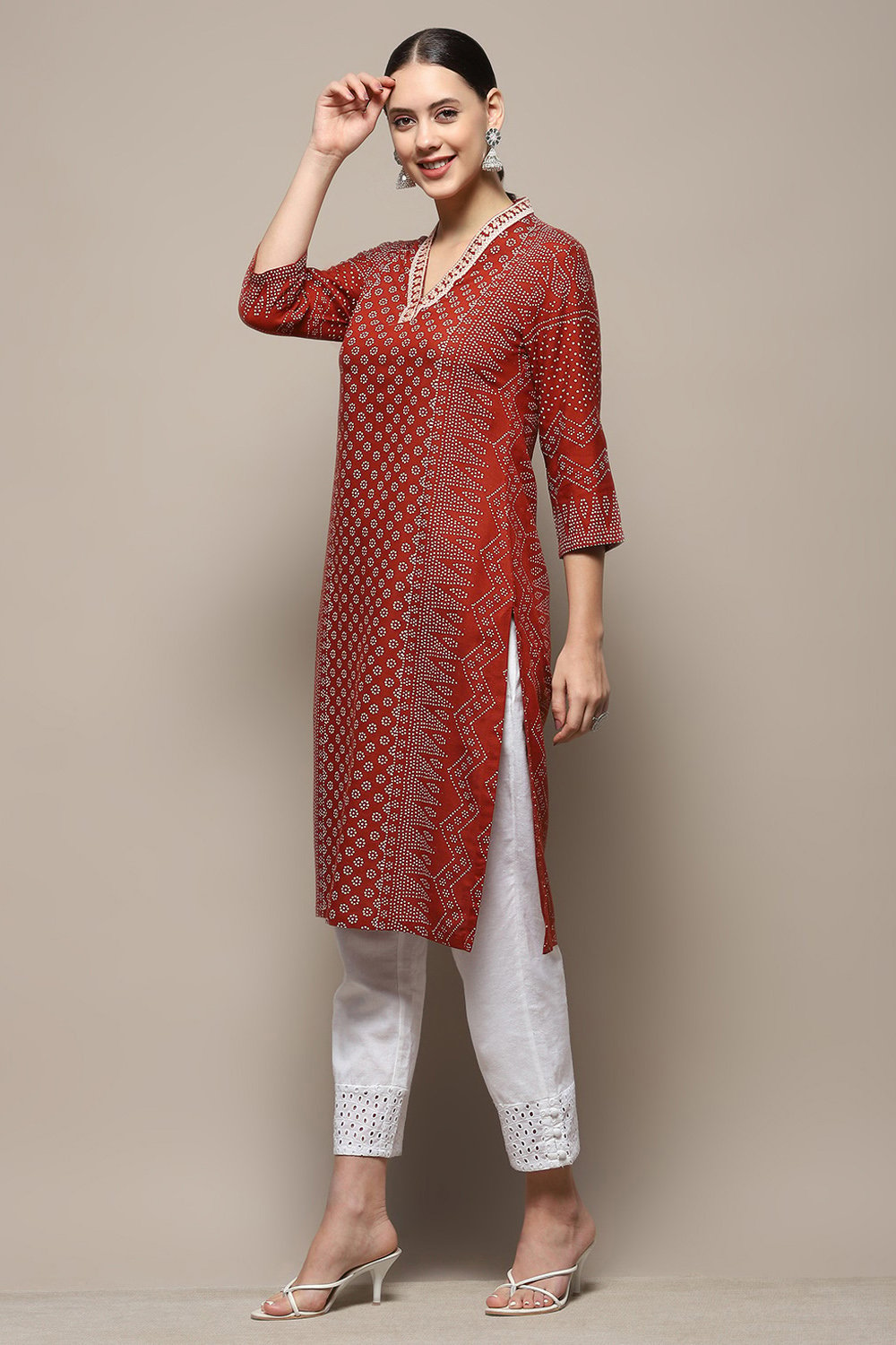 Cream-coloured Printed Regular Fit Straight Kurta image number 3