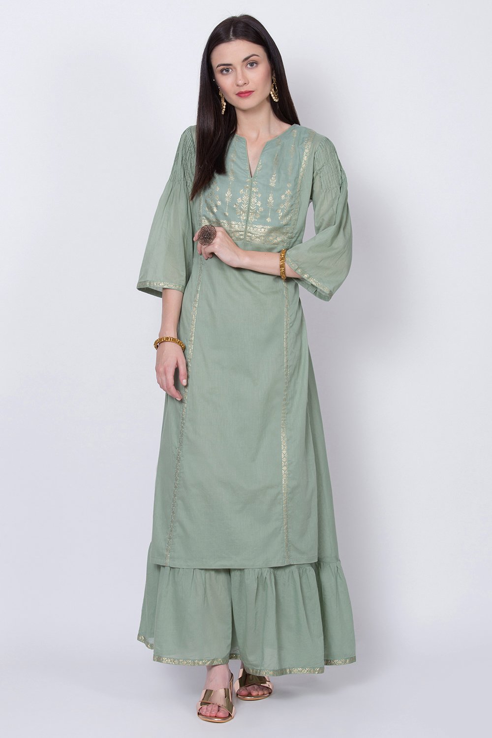 Green Cotton Flared Printed Kurta image number 2