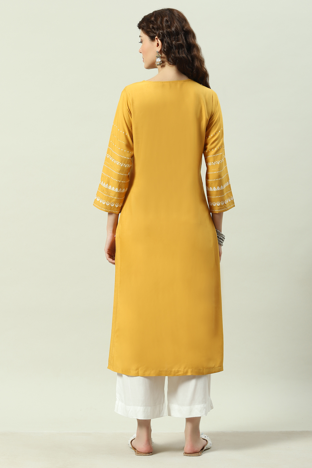 Mustard Printed Rayon Straight Kurta Palazzo Suit Set image number 4