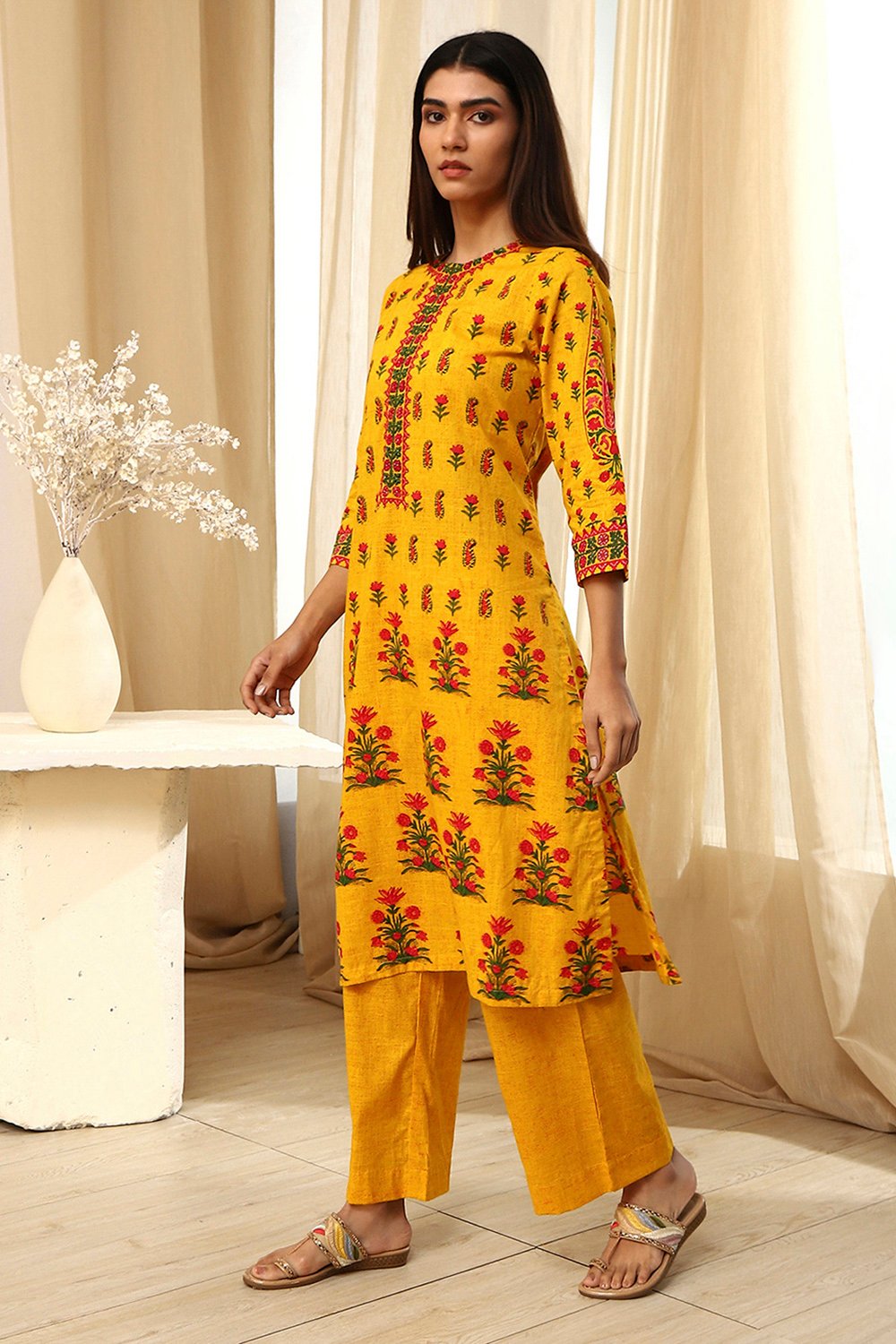 Yellow Pure Cotton Straight Kurta Set image number 3