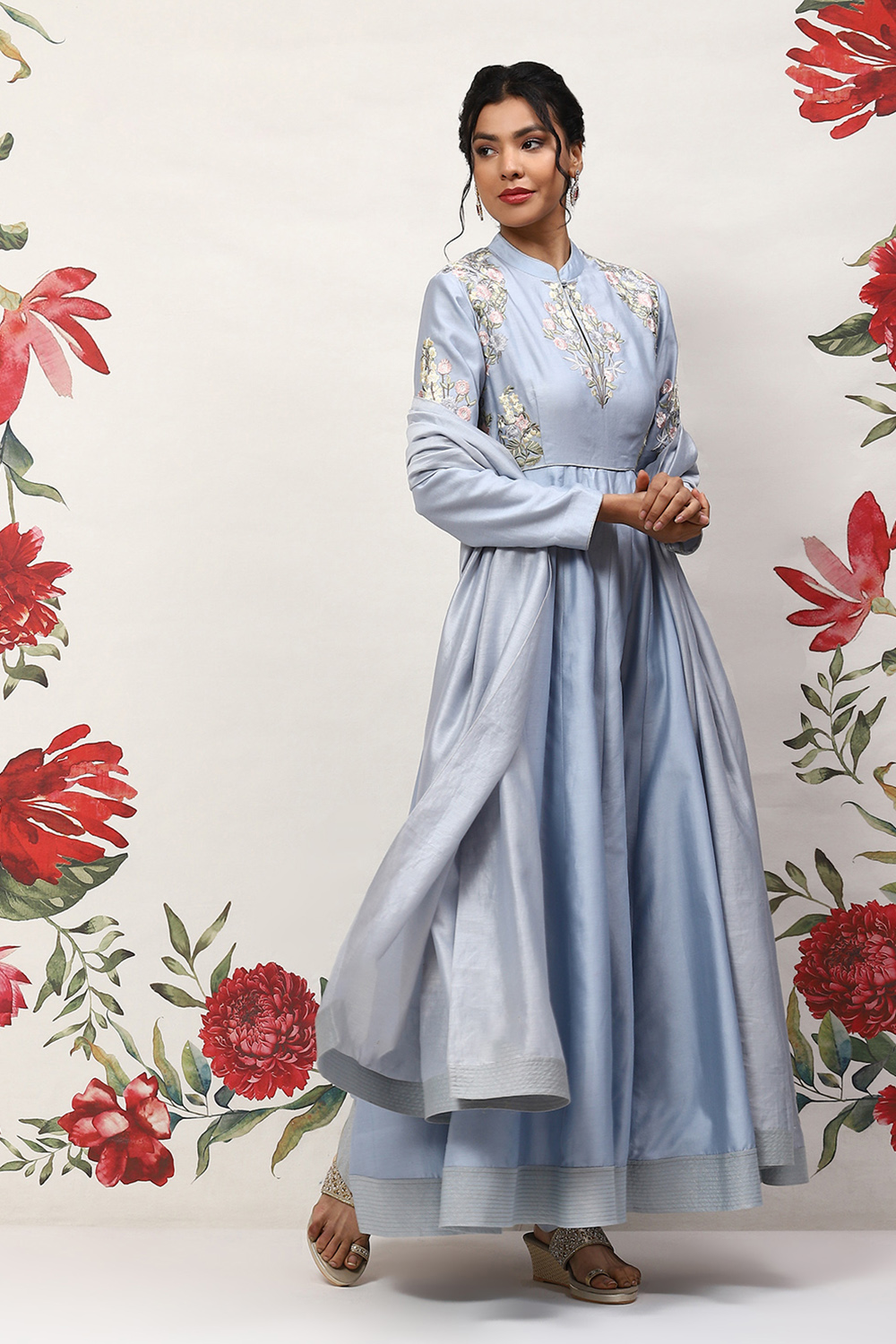 Rohit Bal Powder Blue Cotton Blend Anarkali Kurta Suit Set image number 6