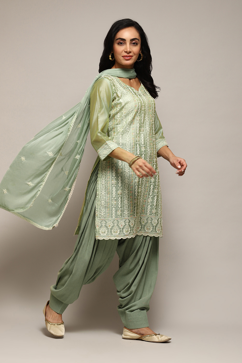 Green Chanderi Printed Unstitched Suit Set image number 7