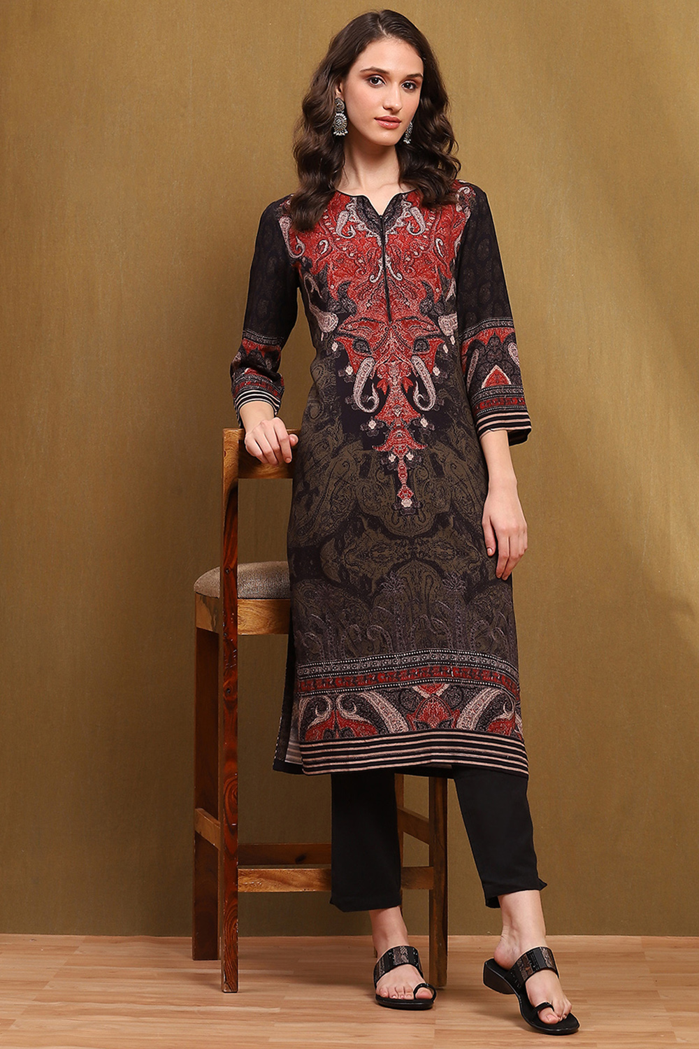 Black Hand-Block Printed Straight Kurta image number 0