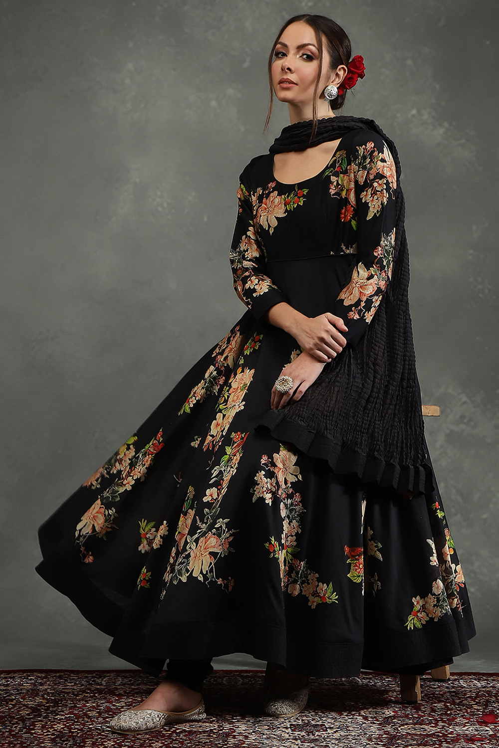 Rohit Bal Black Silk Chanderi Floral Printed Anarkali Suit Set image number 0