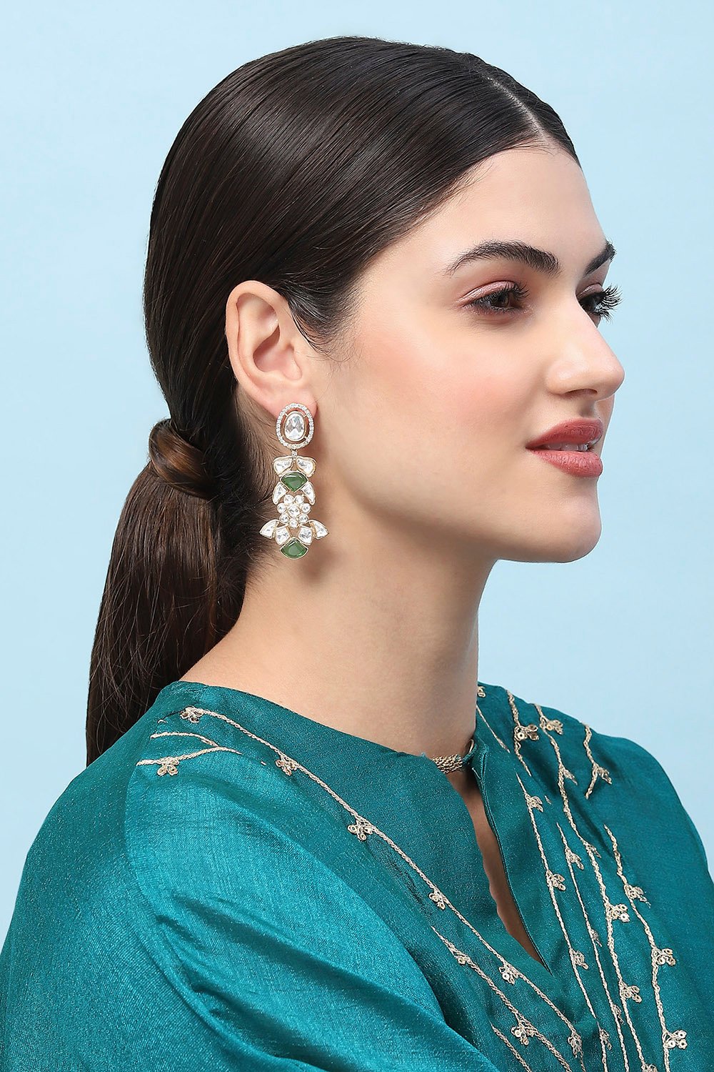 Green Kundan Festive Drop & Danglers image number 1