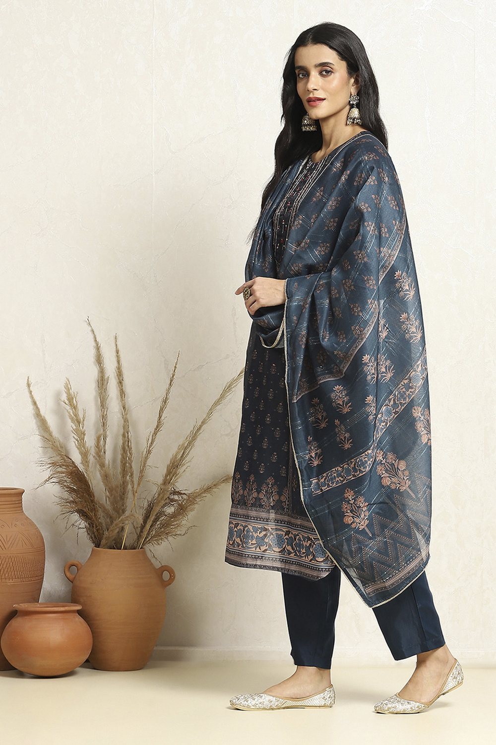 Blue Chanderi Floral Printed Festive Unstitched Suit Set image number 4