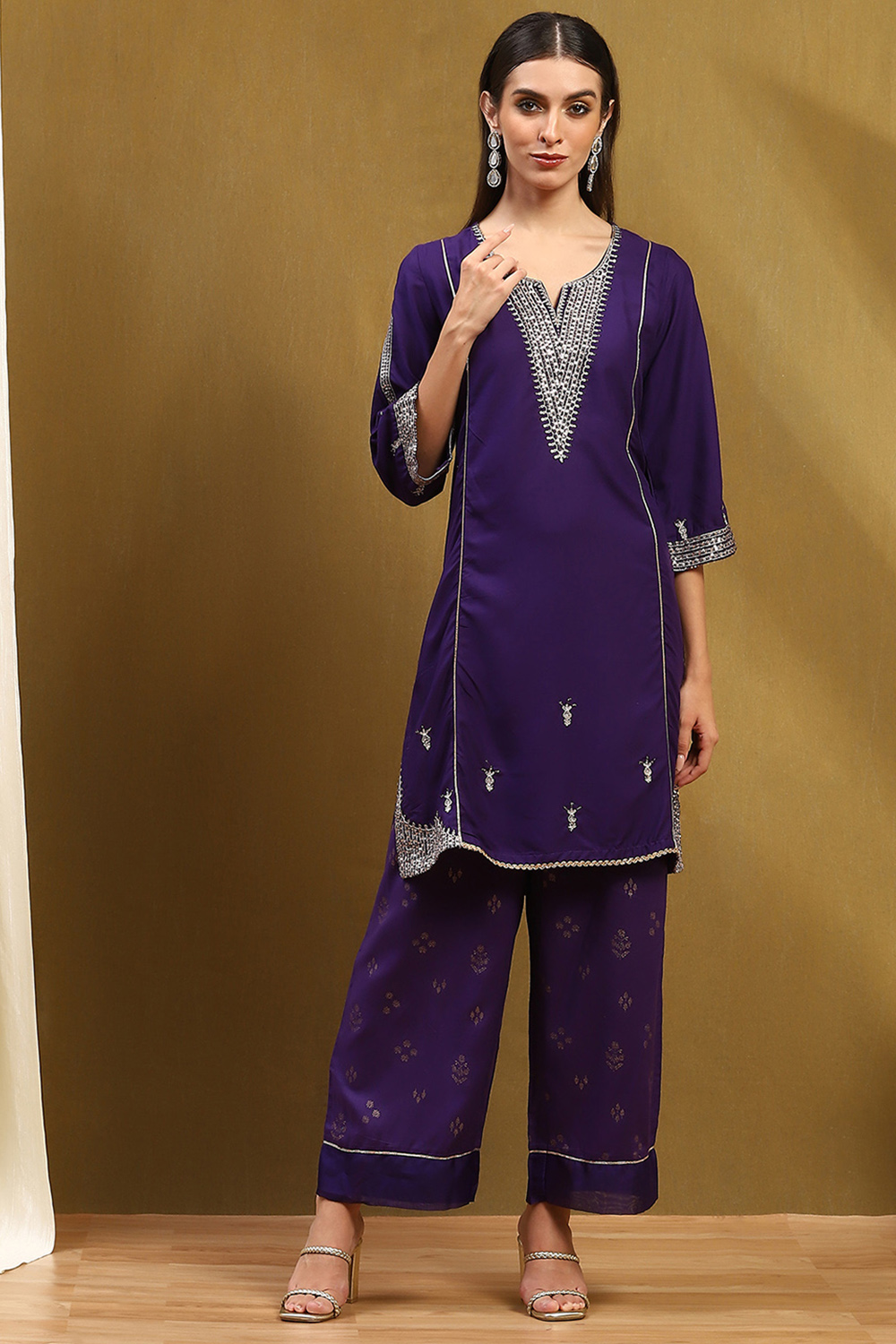 Purple Embroidered Straight Suit Set image number 7