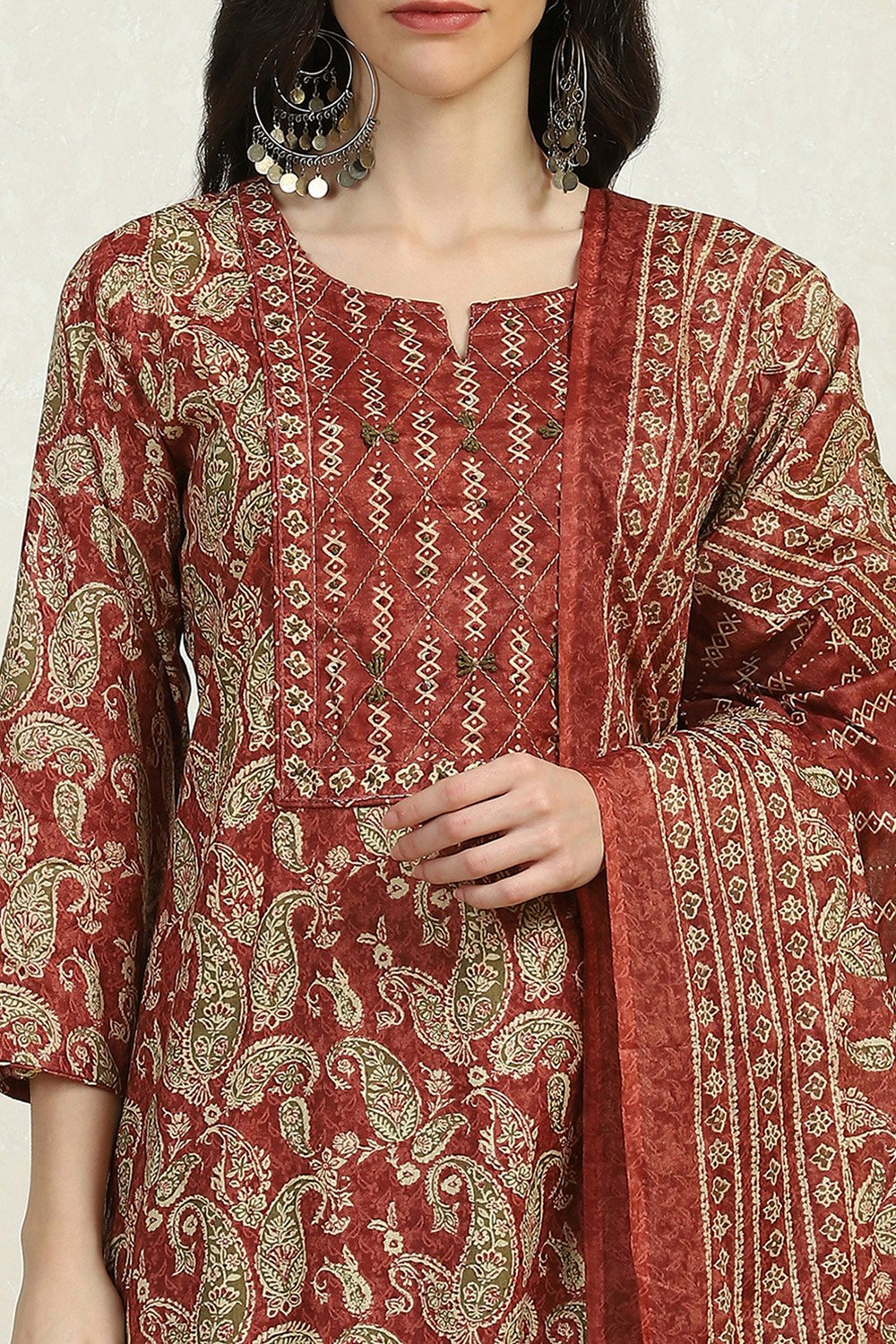 Maroon Cotton Printed Embroidered Unstitched Suit Set image number 9