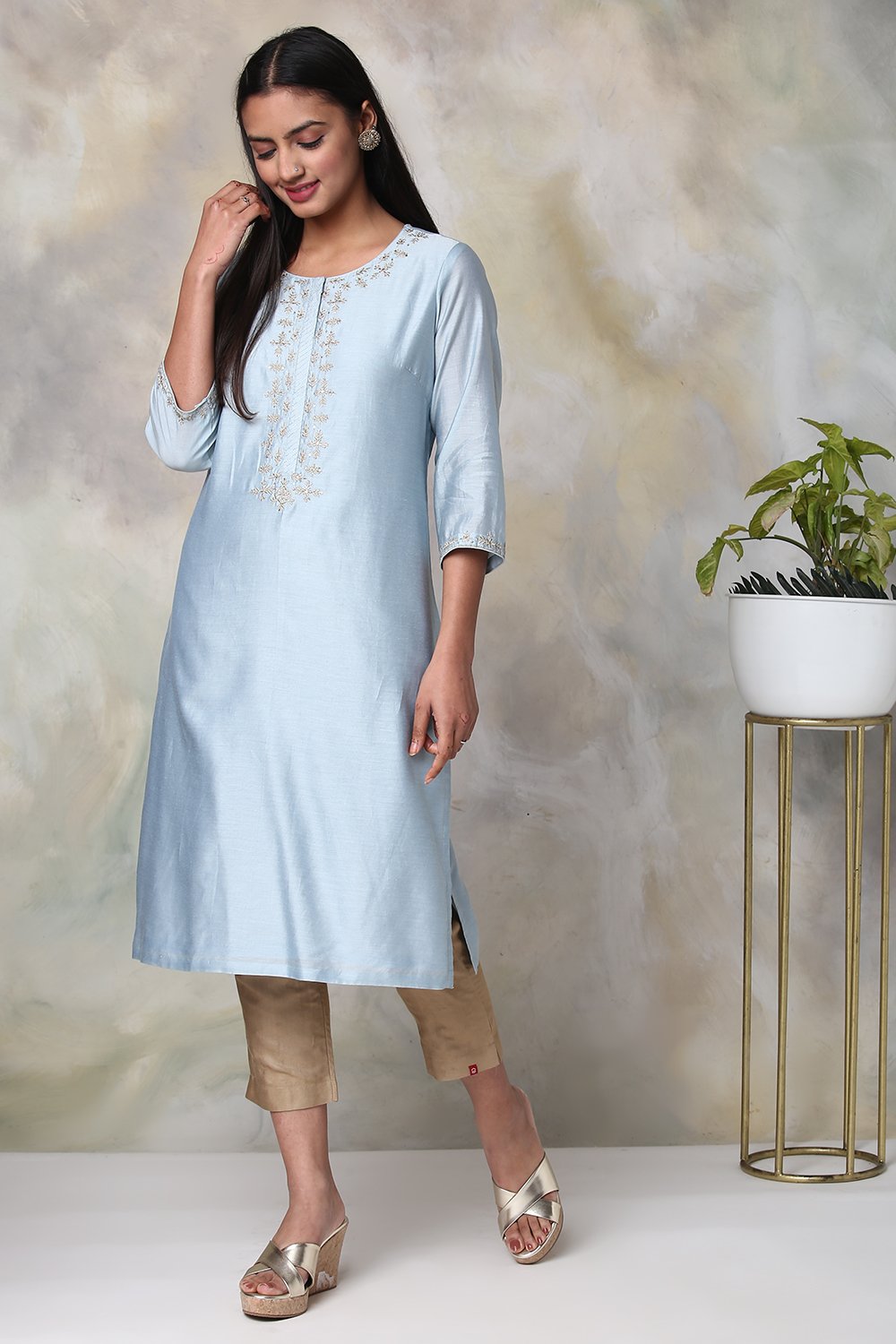 Sky Blue Cotton Silk Straight Yarndyed Kurta image number 0