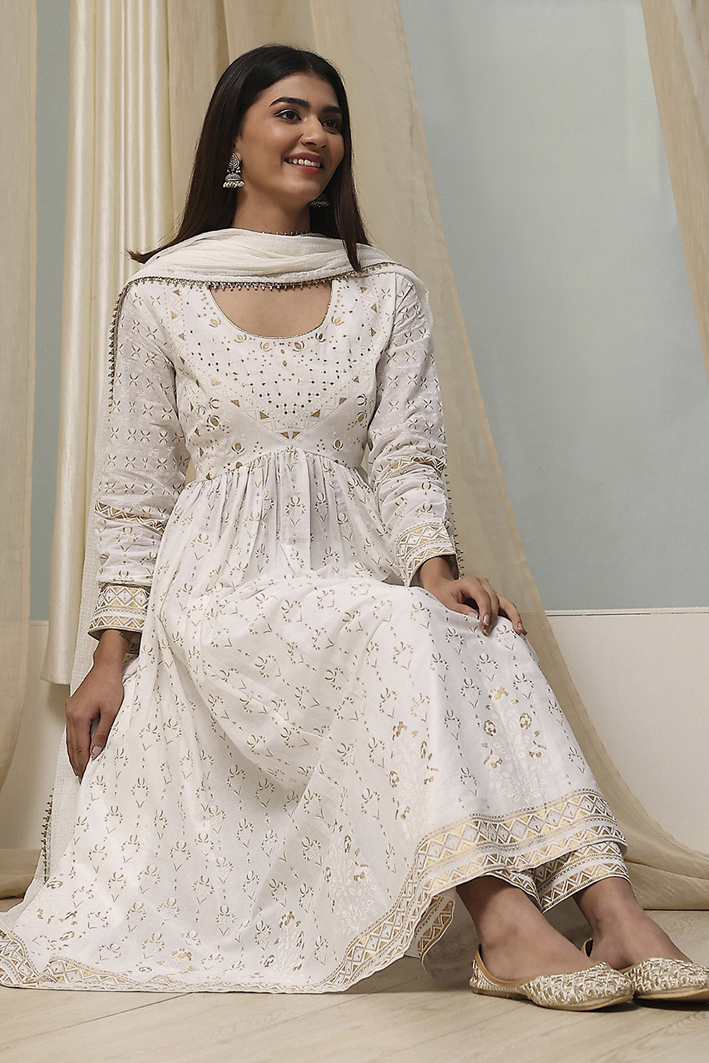 Off-White Cotton Printed Anarkali Suit Set image number 0