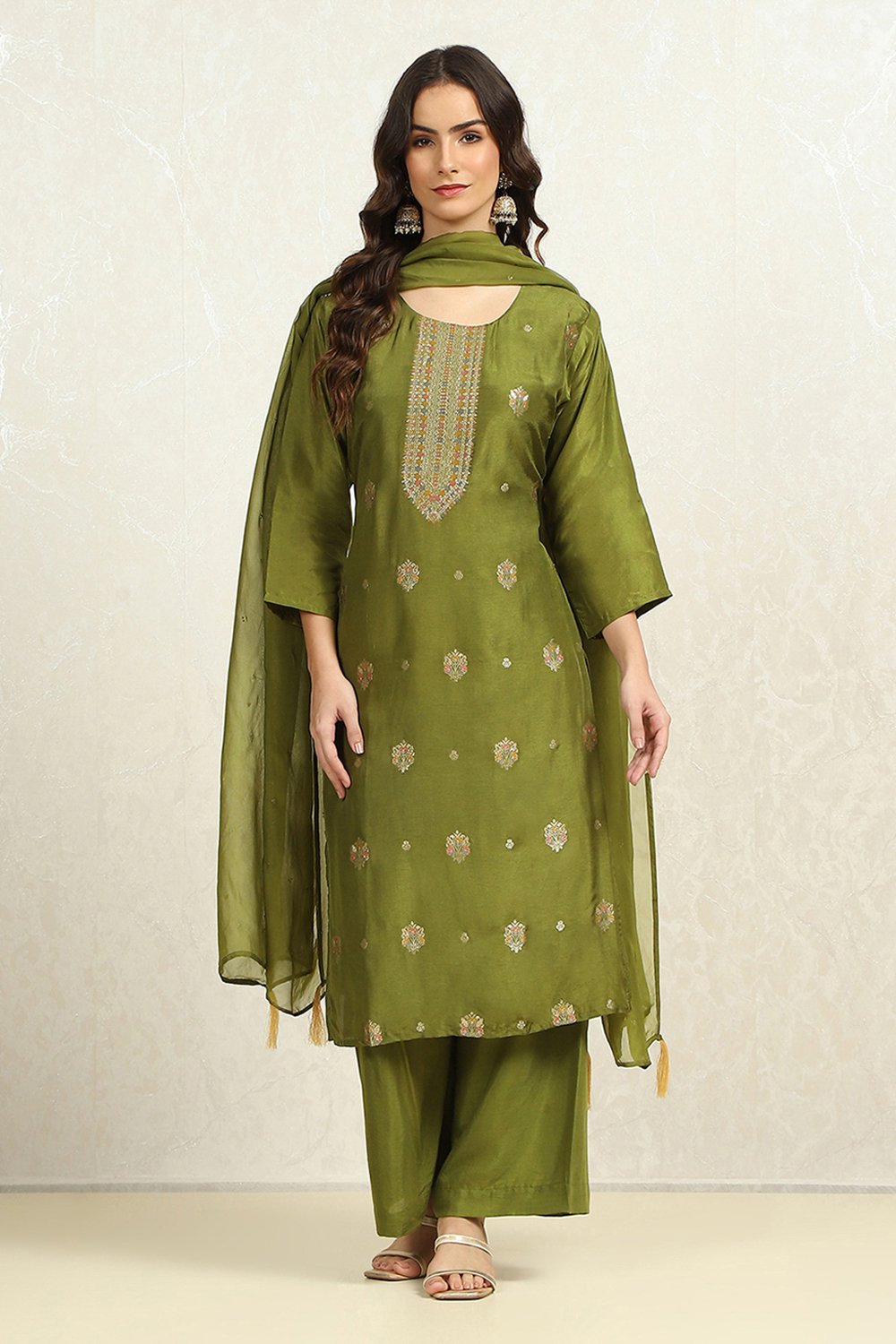 Earthy Green Viscose Silk Woven Unstitched Suit Set image number 1