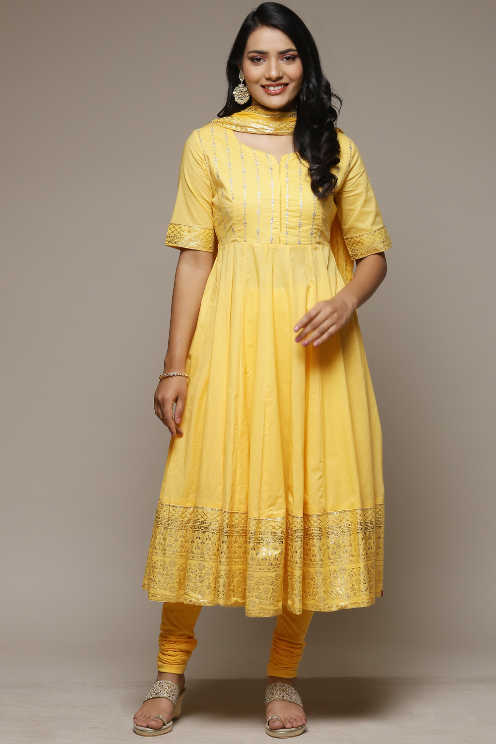 Yellow Cotton Anarkali Kurta Churidar Suit Set image number 7