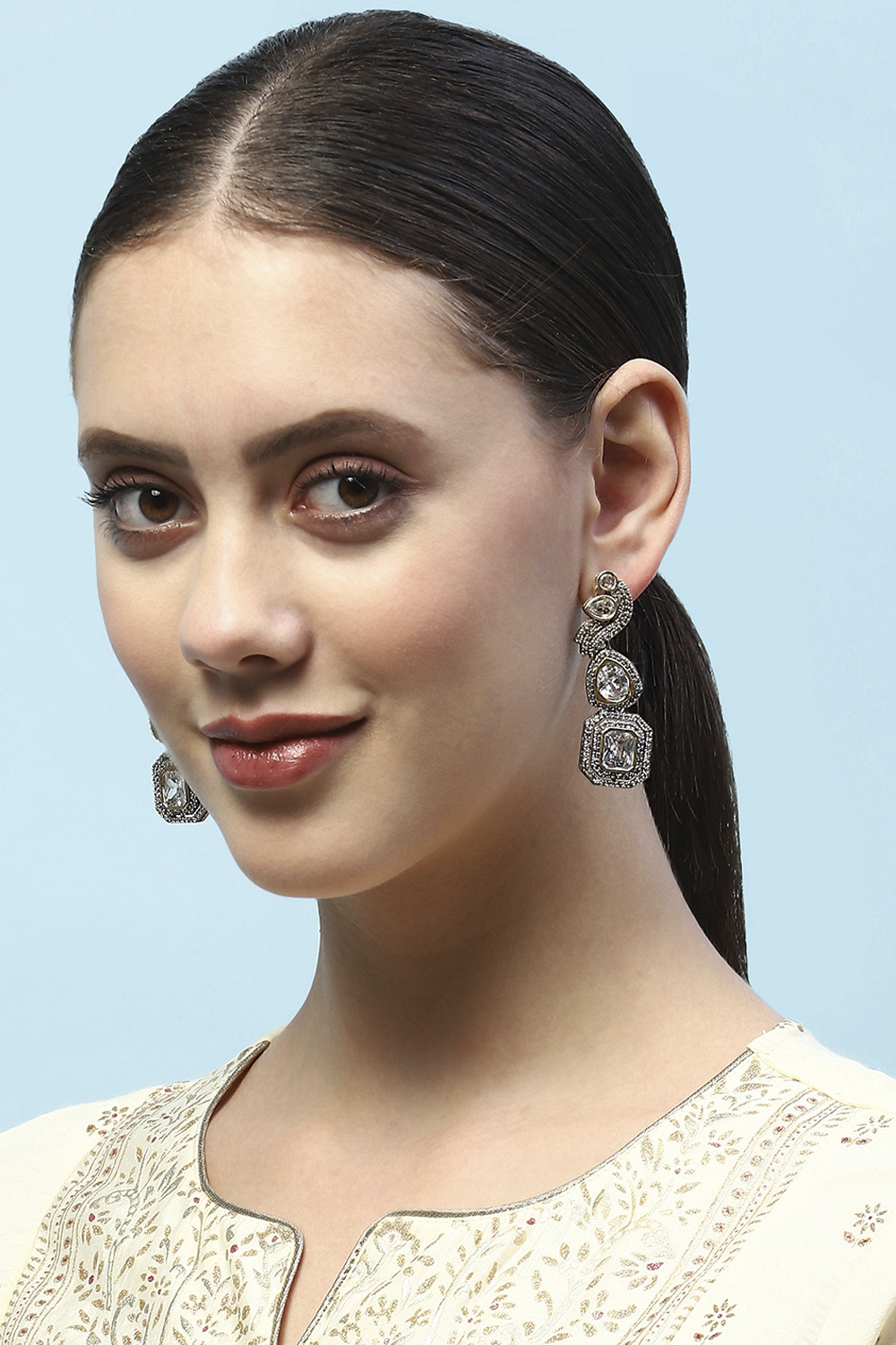 White Silver-Plated Kundan Studded Danglers image number 1