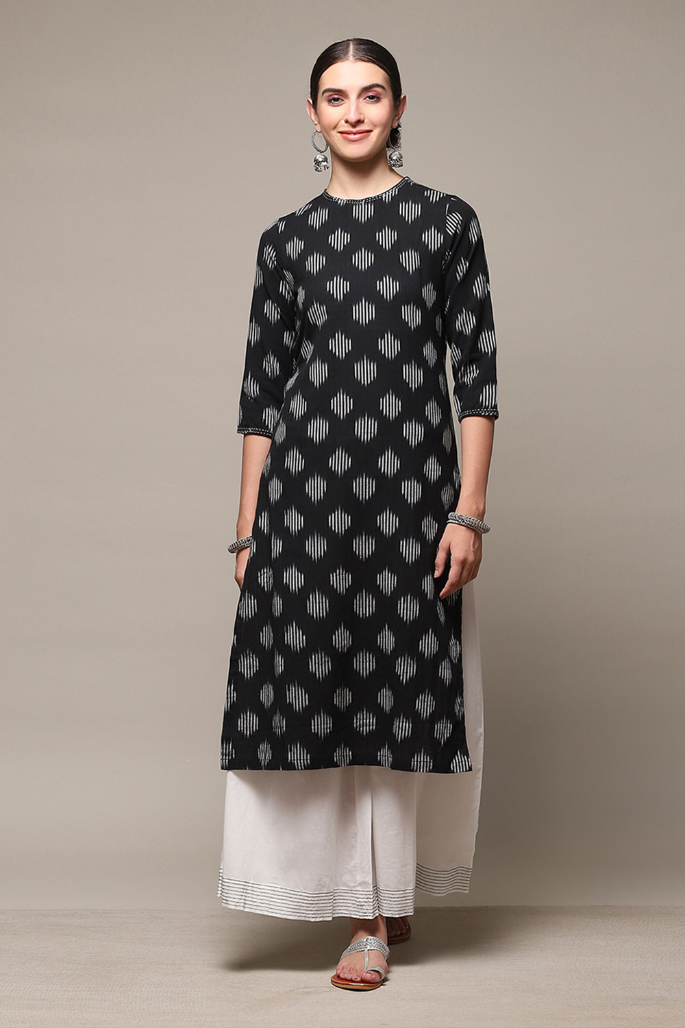 Black Cotton Straight Kurta Palazzo Suit Set image number 6