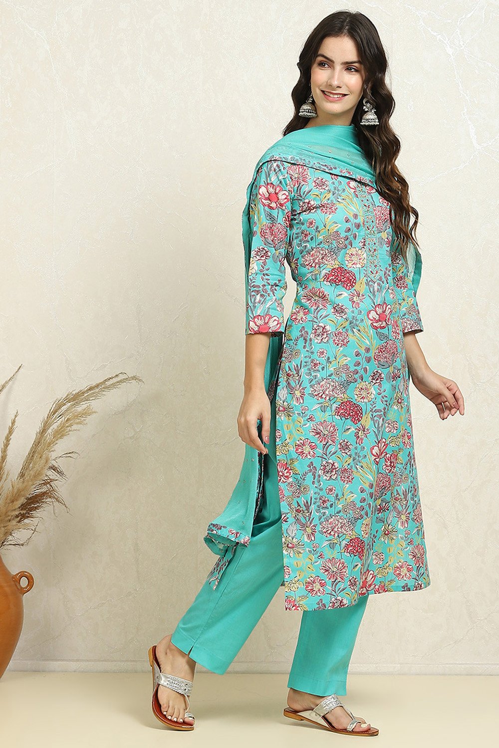 Green Cotton Printed Unstitched Suit Set image number 6