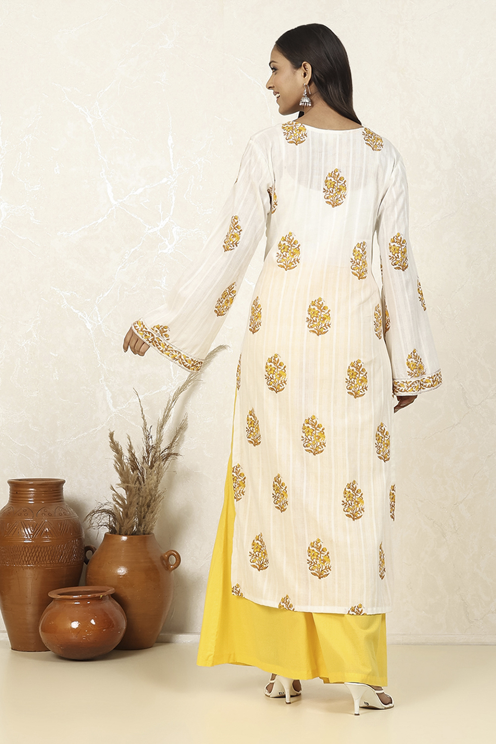 Mustard Cotton Hand Block Print Unstitched Suit Set image number 5