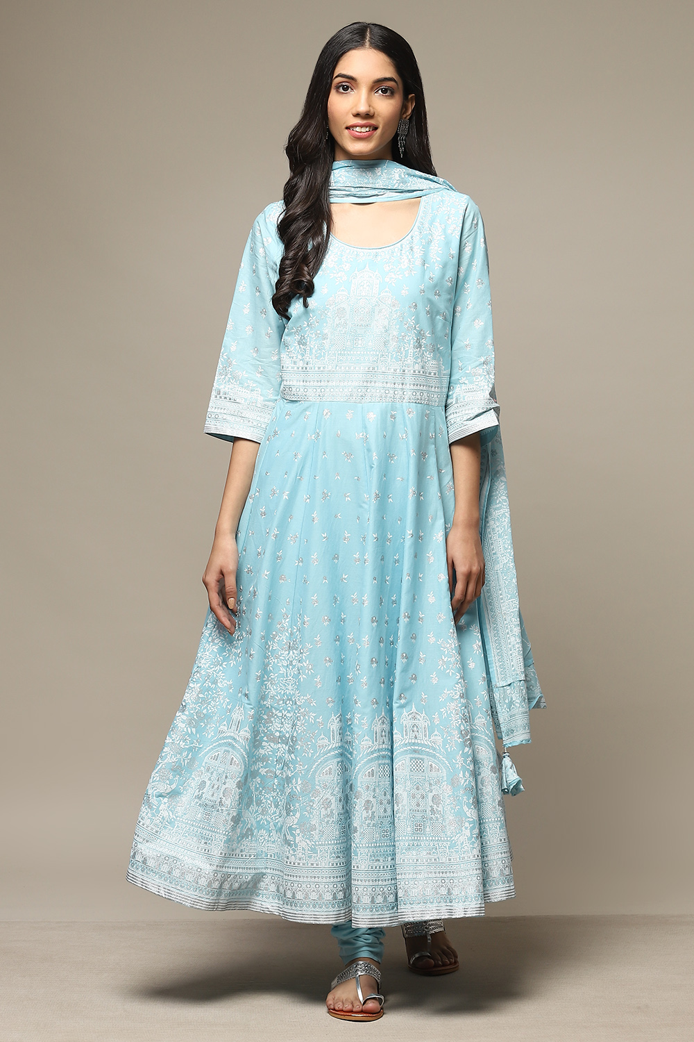 Powder Blue Cotton Anarkali Kurta Churidar Suit Set image number 7