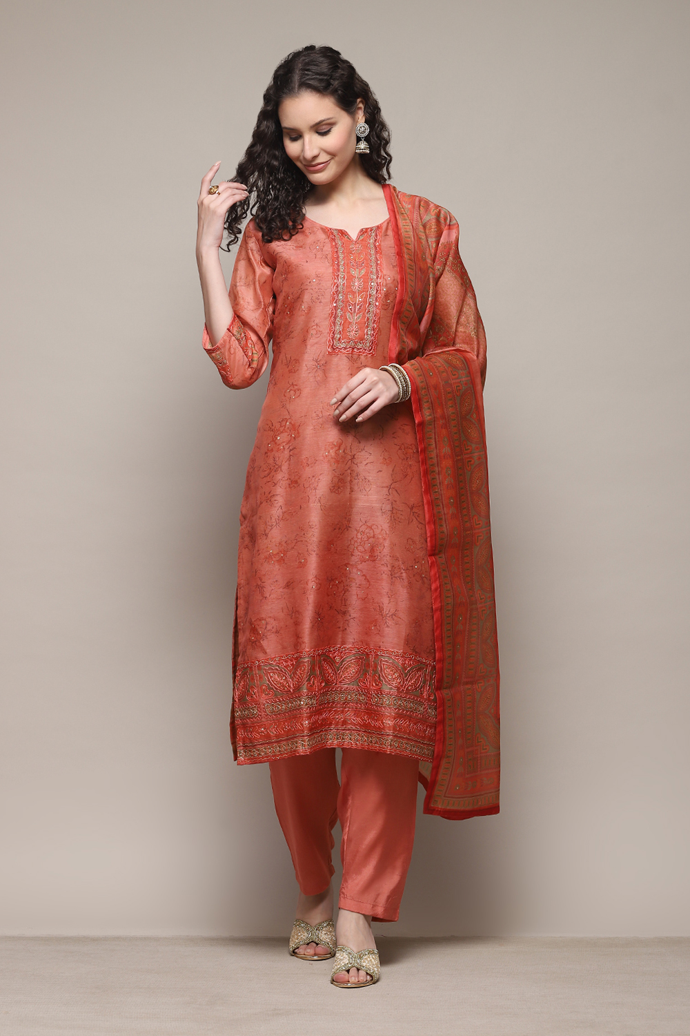 Red Chanderi Unstitched Suit Set image number 0