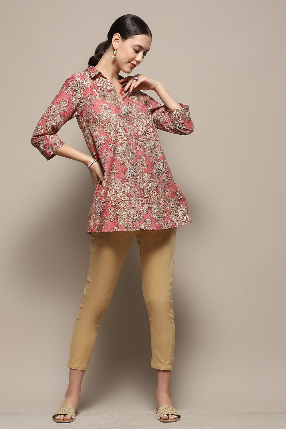 Rust Cotton Floral Printed A-Line Shirt Style Kurti image number 0