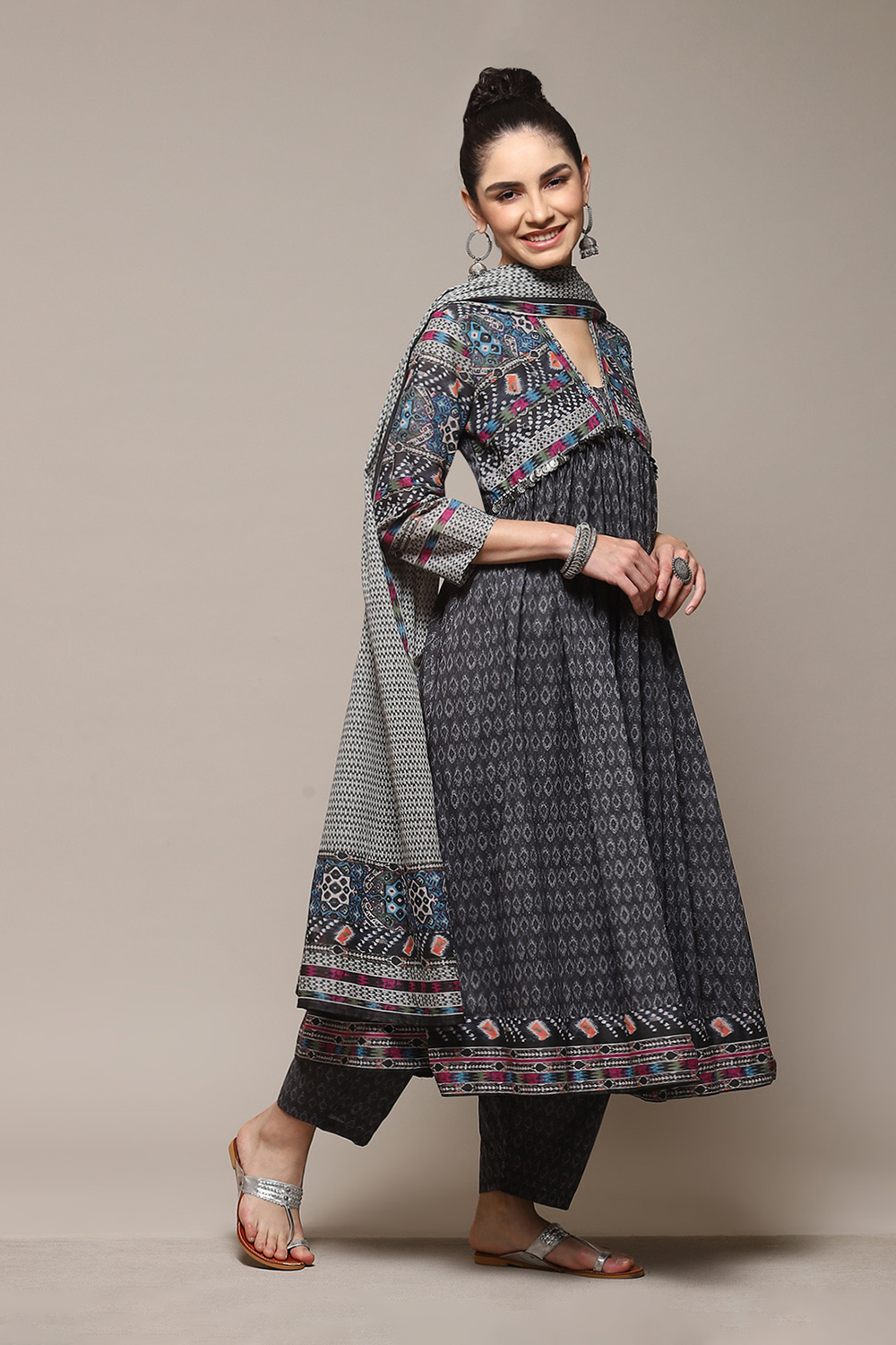 Charcoal Cotton Anarkali Printed Kurta Relaxed Salwar Suit Set