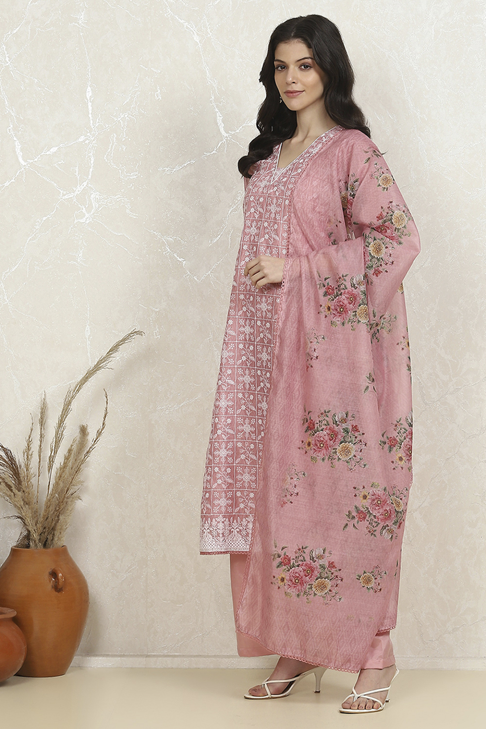 Dusky Pink Chanderi Machine Embroidered Unstitched Suit Set image number 4