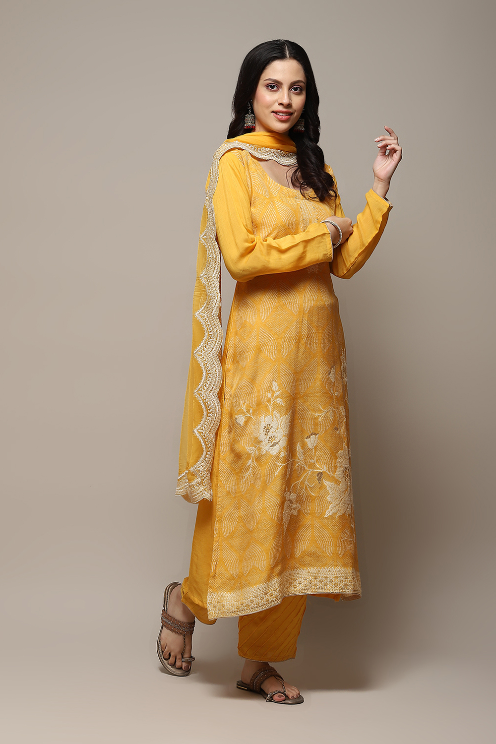 Yellow Linen Blend Digital Print Unstitched Suit Set image number 7