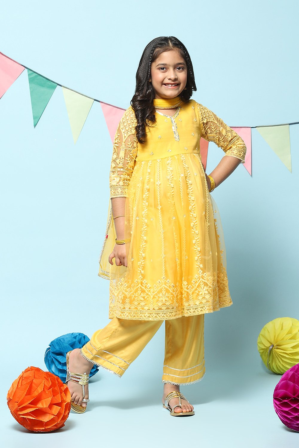 Yellow Nylon Gathered Embroidery Kurta Palazzo Suit Set image number 6