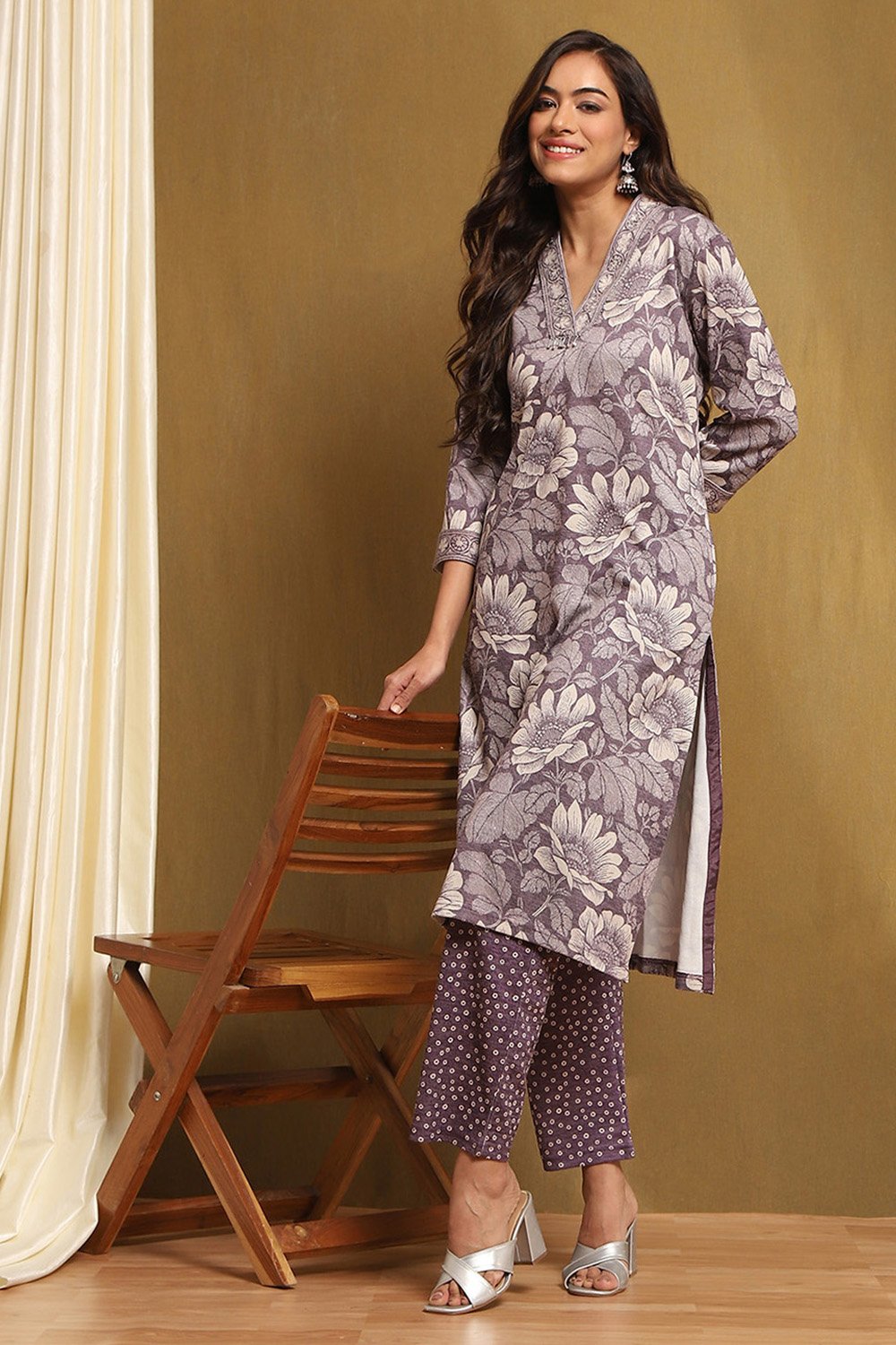 Beige Polyester Blend Straight Kurta Pants Set image number 0