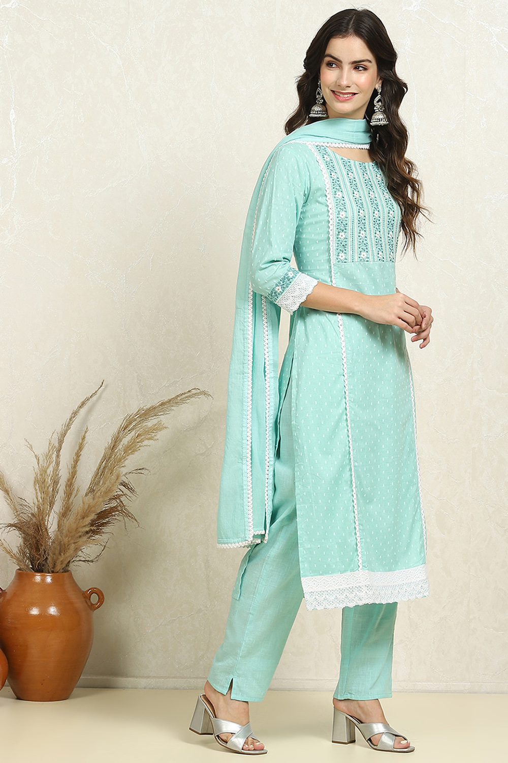 Blue Cotton Handloom Unstitched Suit Set image number 6