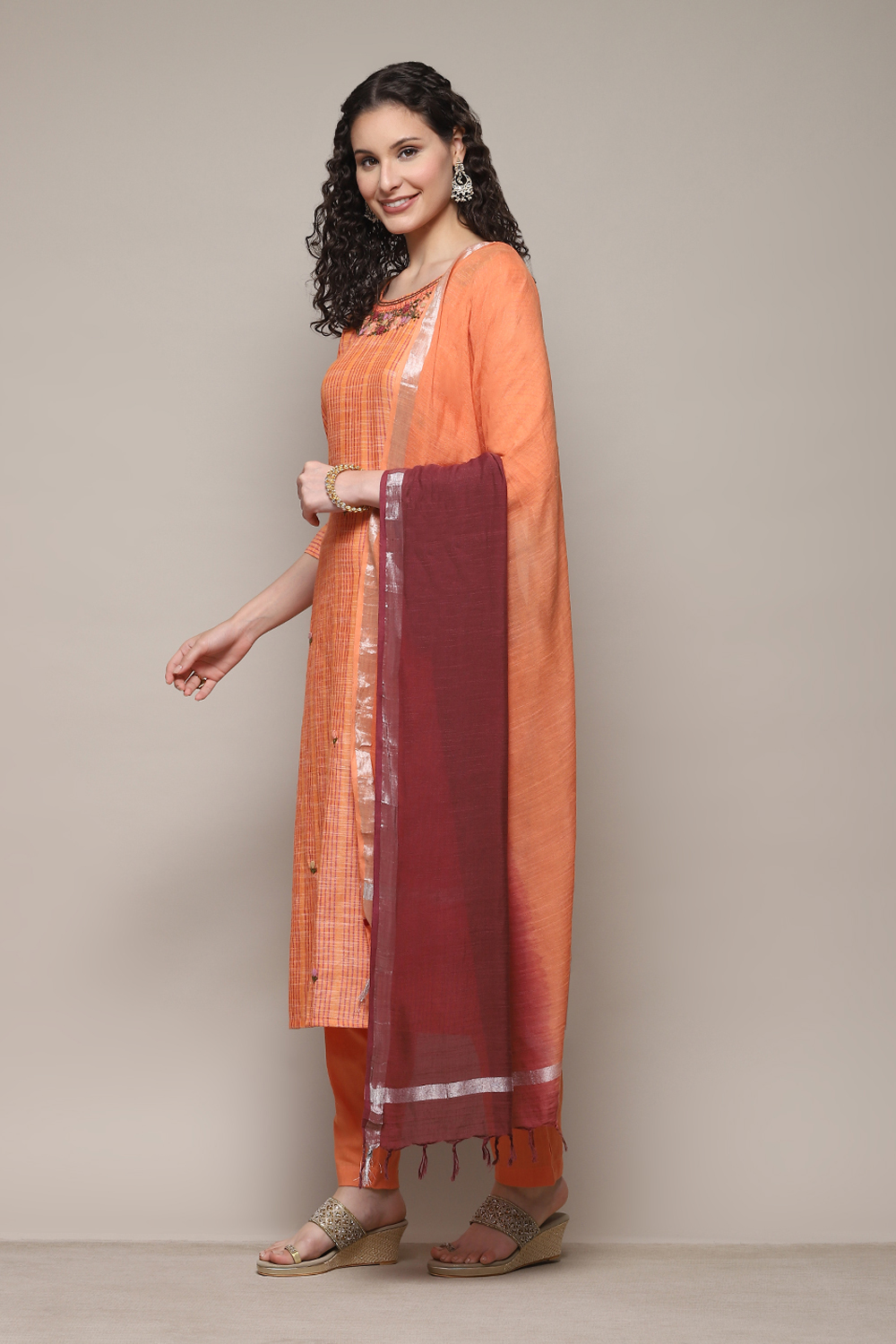 Peach Cotton Woven Unstitched Suit Set image number 6