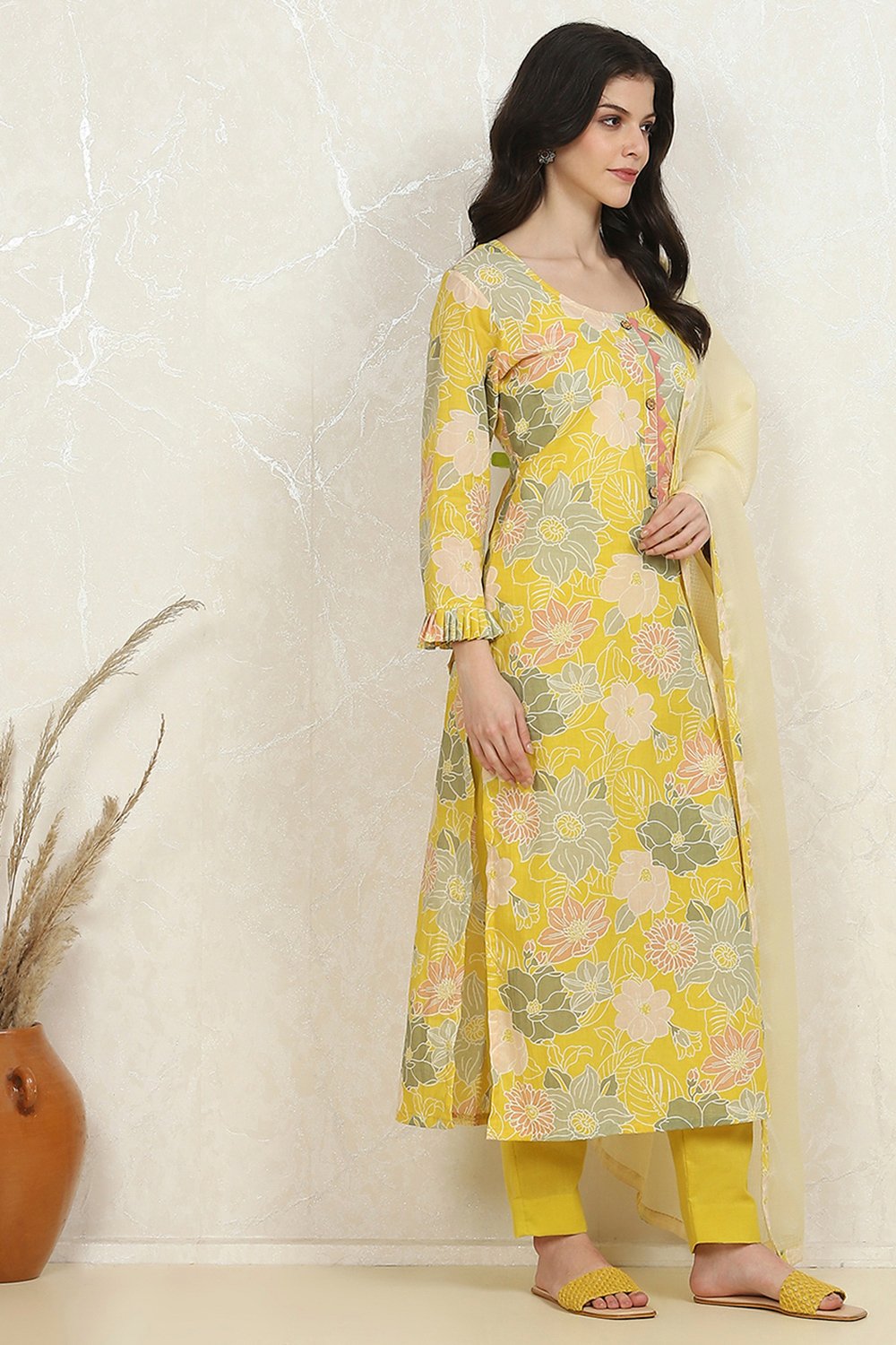 Yellow Cotton Printed Unstitched Suit Set image number 6