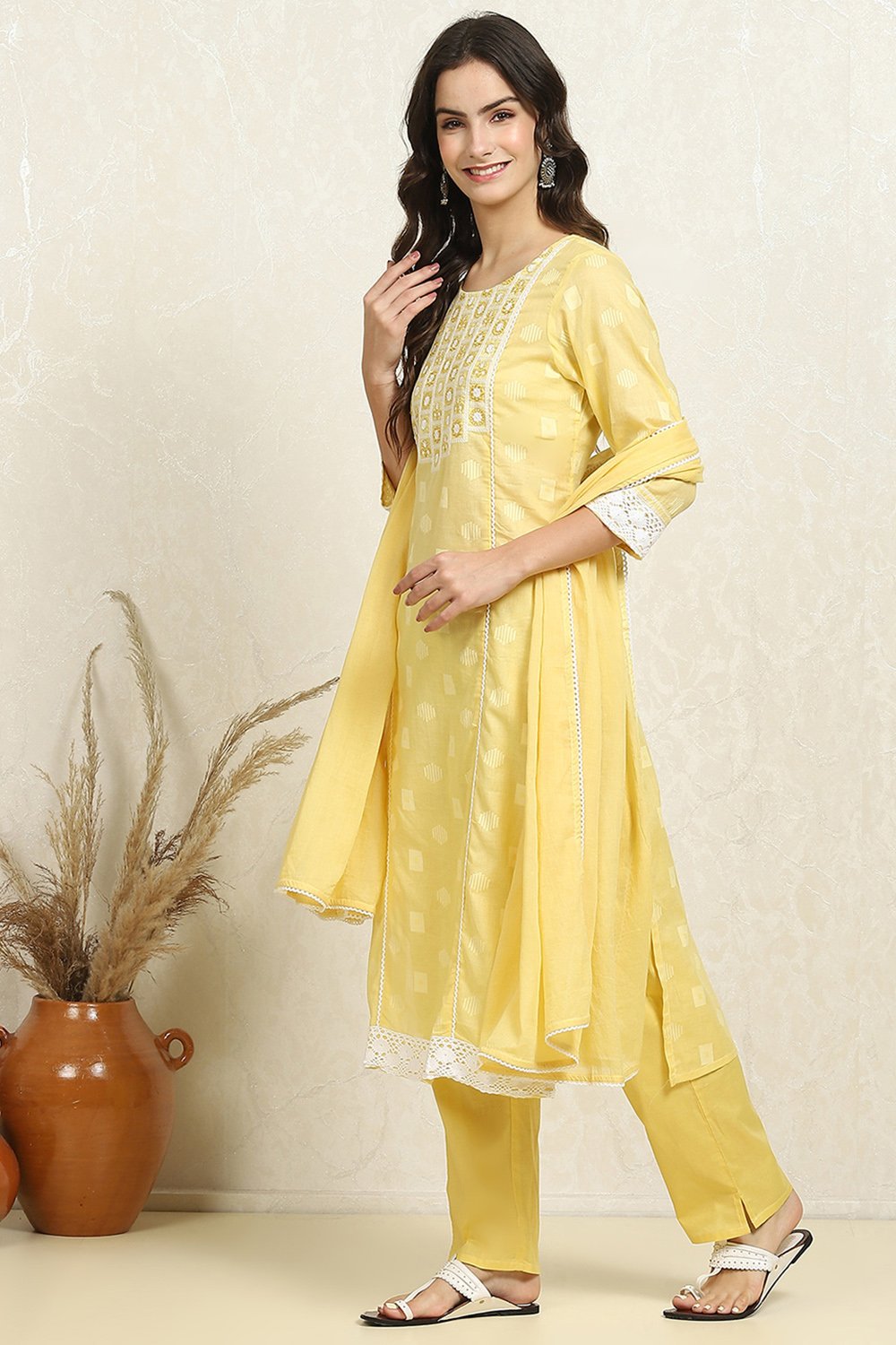 Yellow Cotton Handloom Unstitched Suit Set image number 4