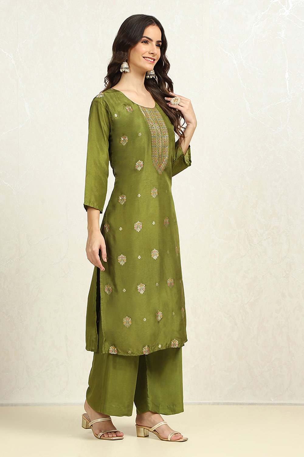 Earthy Green Viscose Silk Woven Unstitched Suit Set image number 6