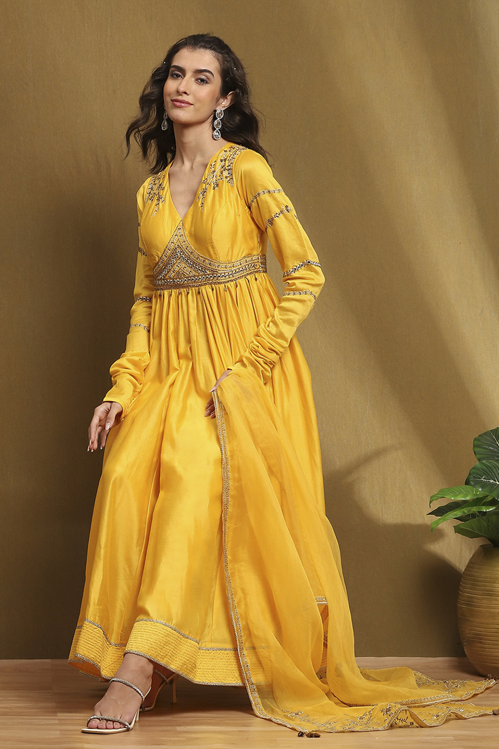 Yellow Silk Chanderi Anarkali Suit Set image number 0