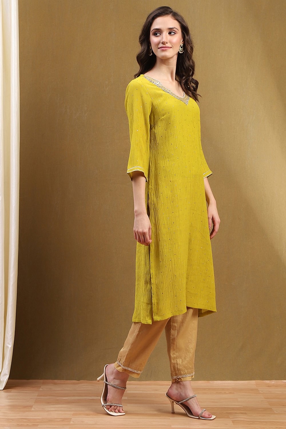 Mustard Yellow Viscose Blend Straight Festive Kurta image number 4