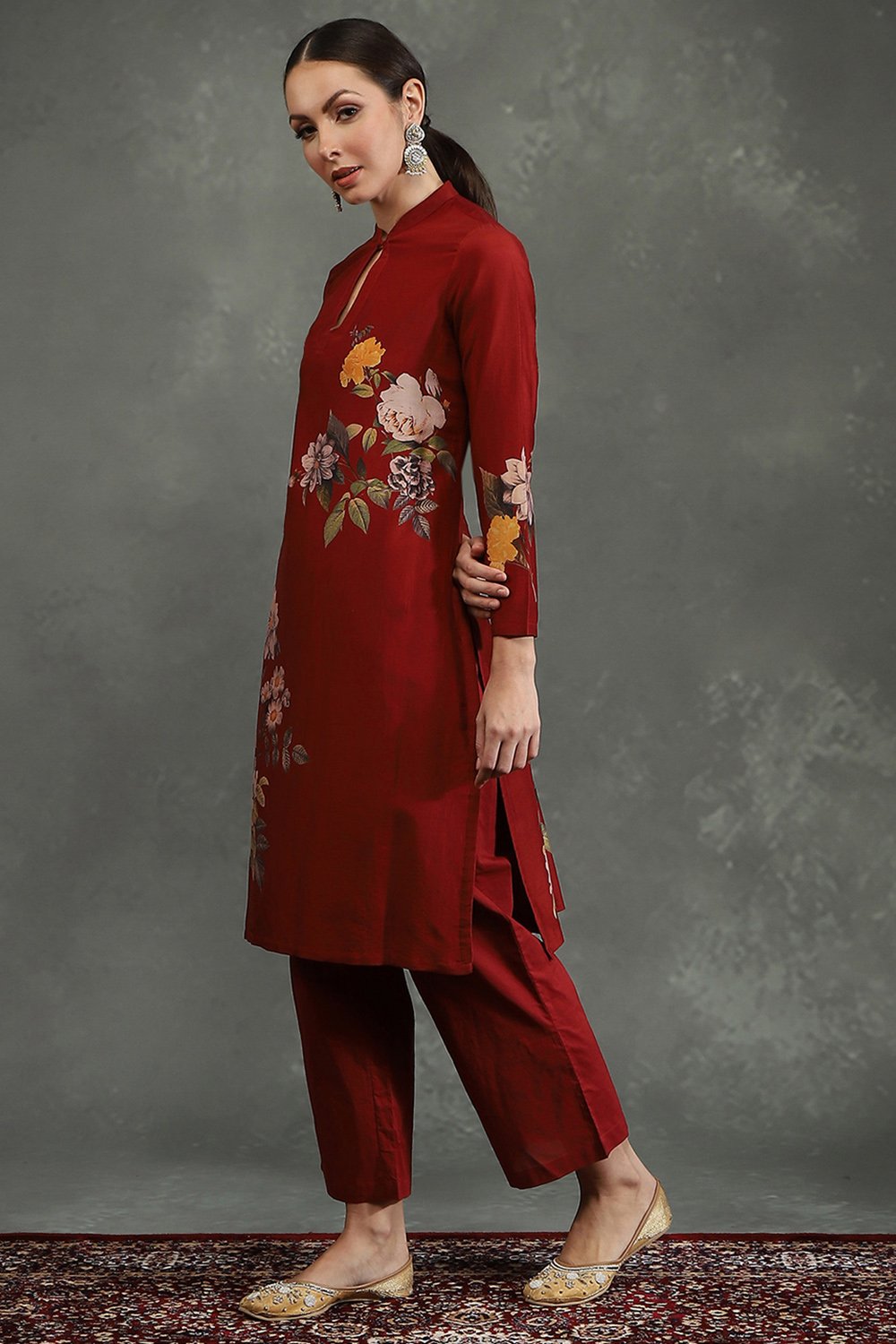 Rohit Bal Maroon Silk Chanderi Floral Printed Straight Kurta Set image number 3