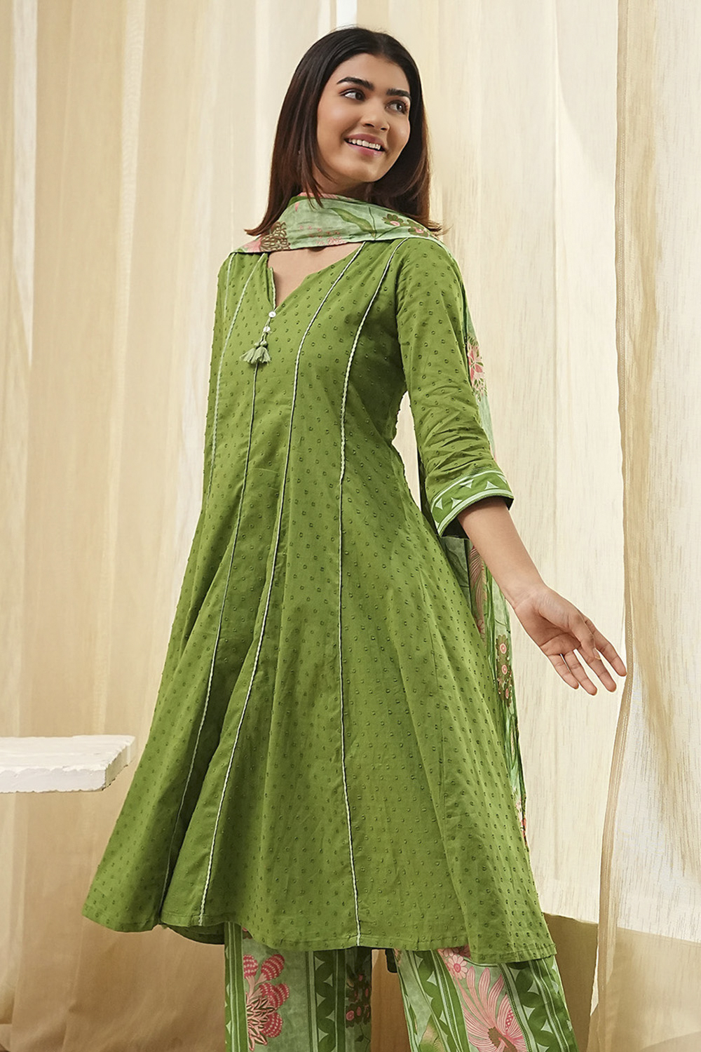 Olive Green Cotton Kalidar Suit Set image number 0