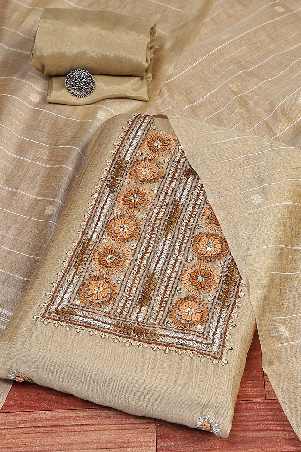 Beige Cotton Hand Embroidered Unstitched Suit Set image number 0