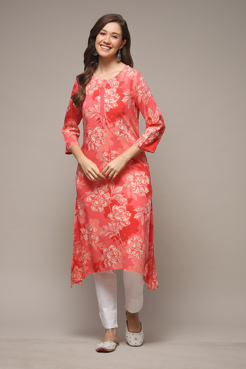 Olive LIVA Straight Printed Kurta image number 1