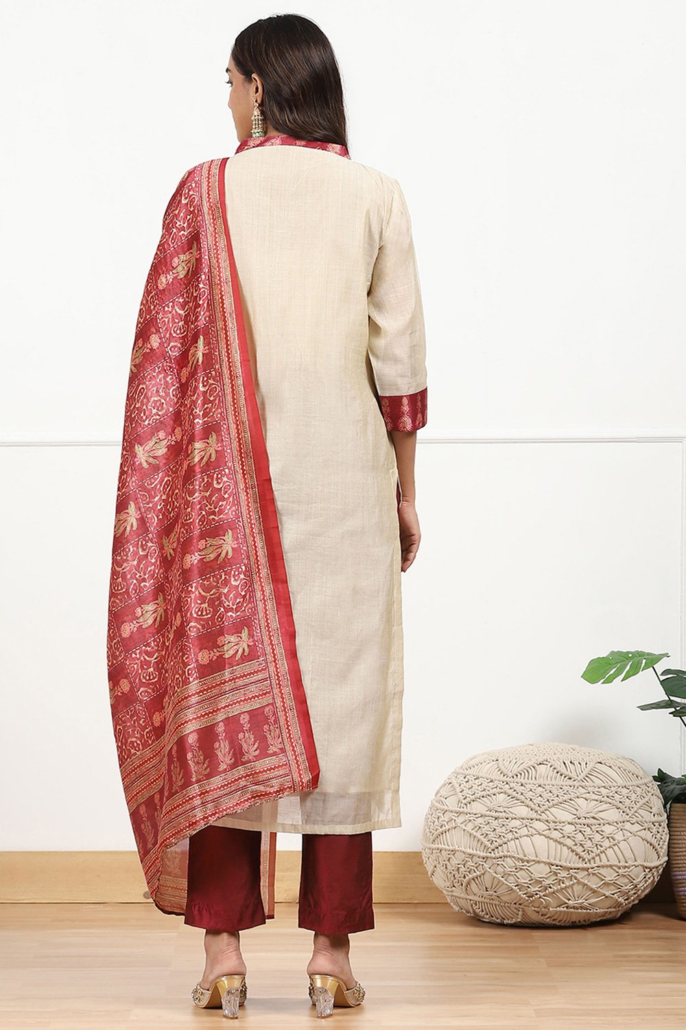 Off-White and Red Chanderi Machine Embroidered Unstitched Suit Set image number 4