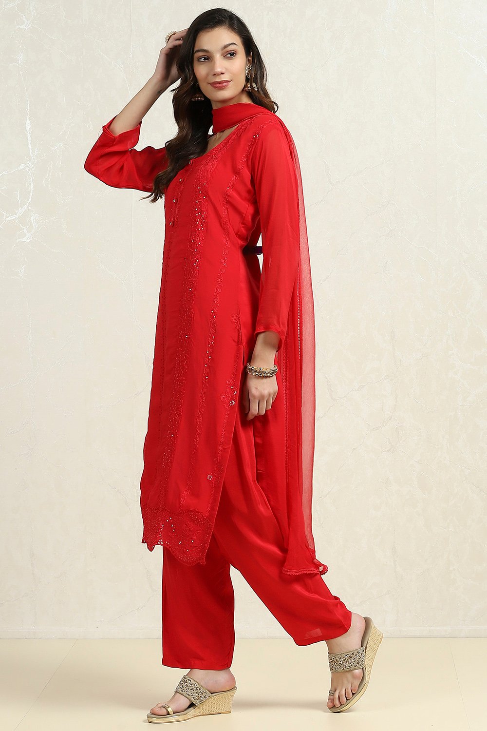 Red Organza Embroidered Unstitched Suit Set image number 4