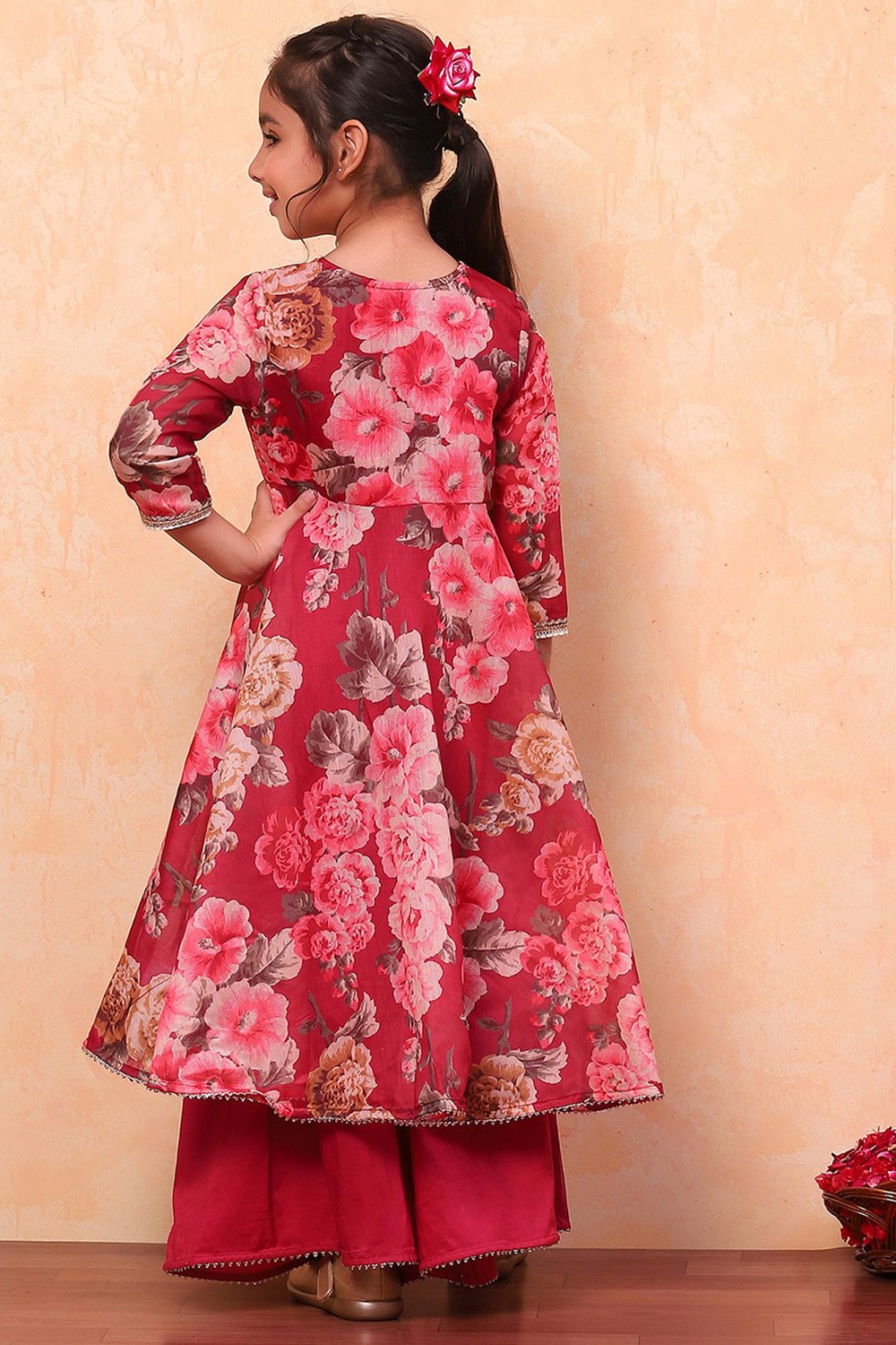 White and Pink Floral Printed Flared Festive Suit Set image number 4