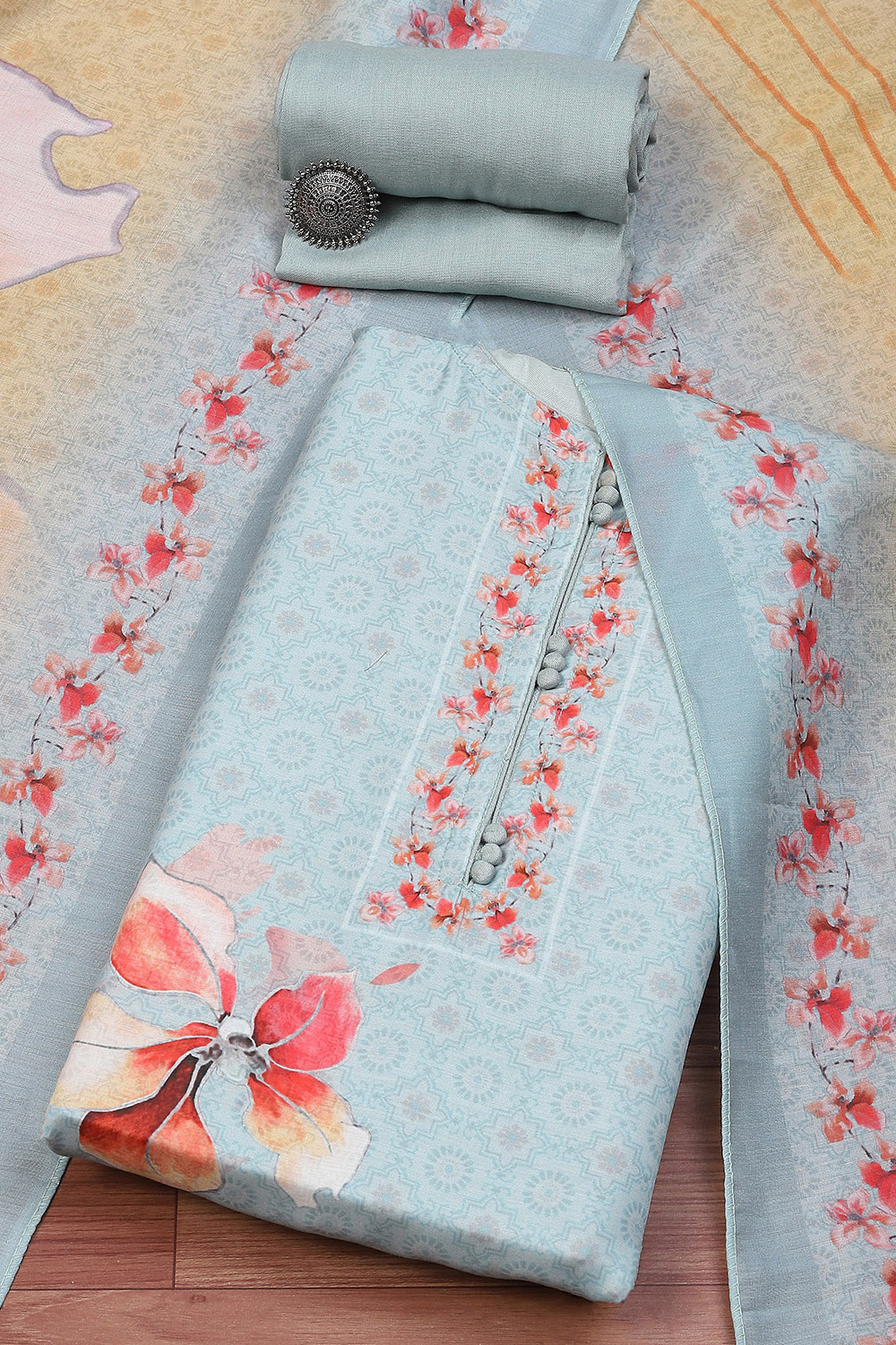 Light Blue Muslin Unstitched Suit Set image number 0