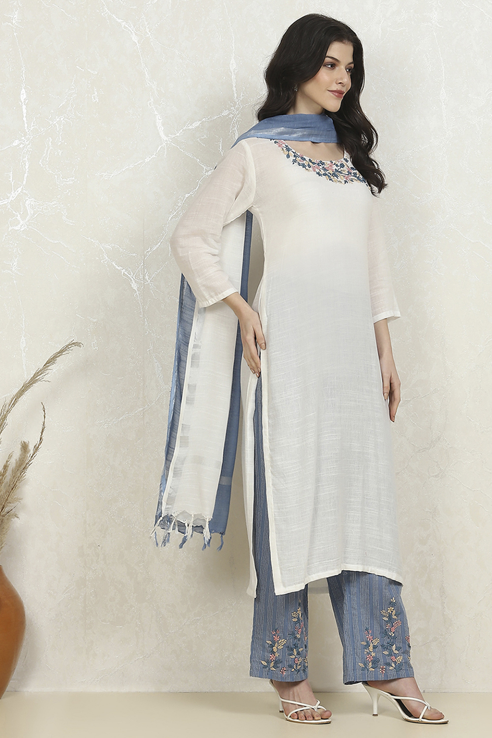 White Linen Hand Embroidered Unstitched Suit Set image number 6