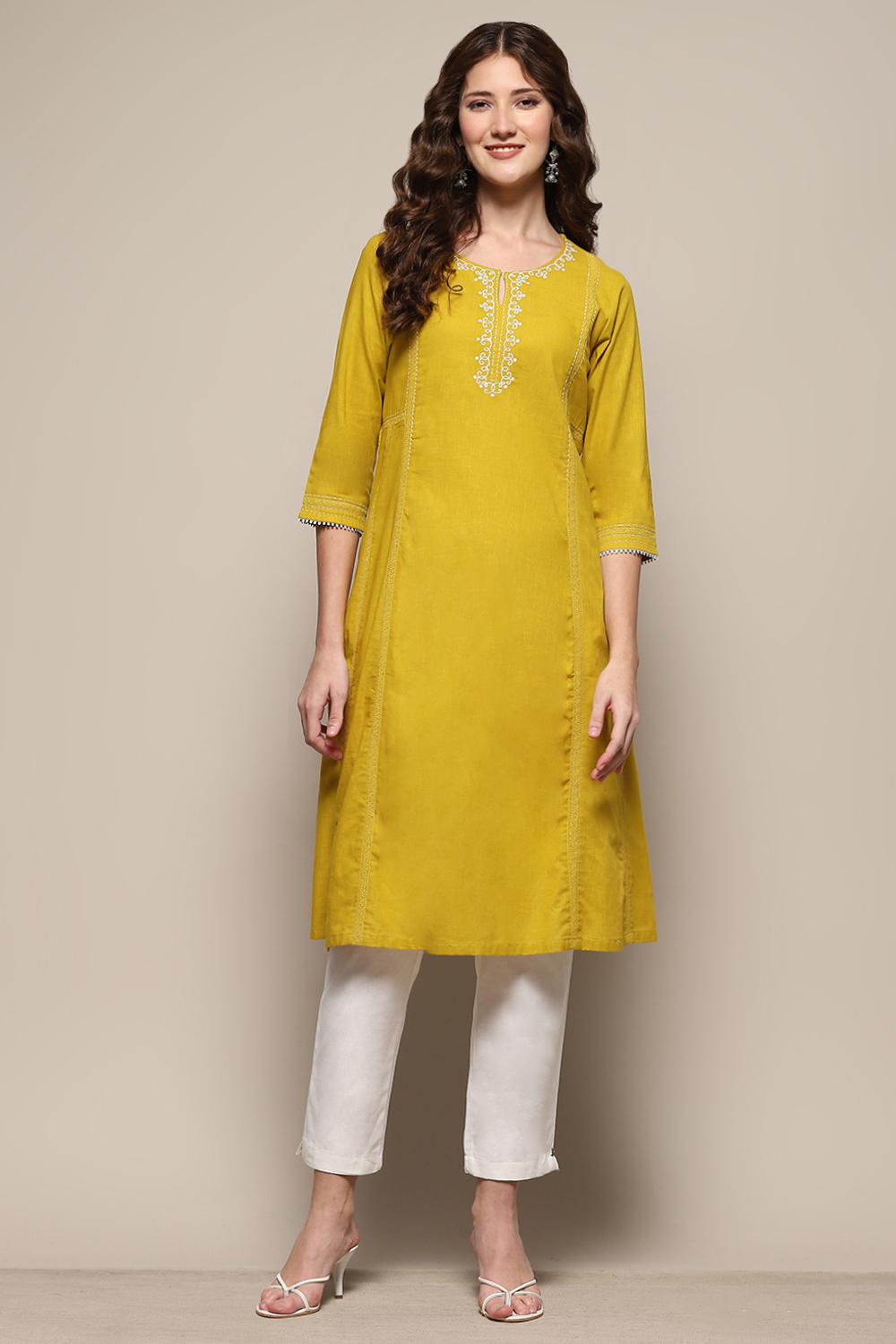 Lime Yellow Cotton Straight Kurta image number 5