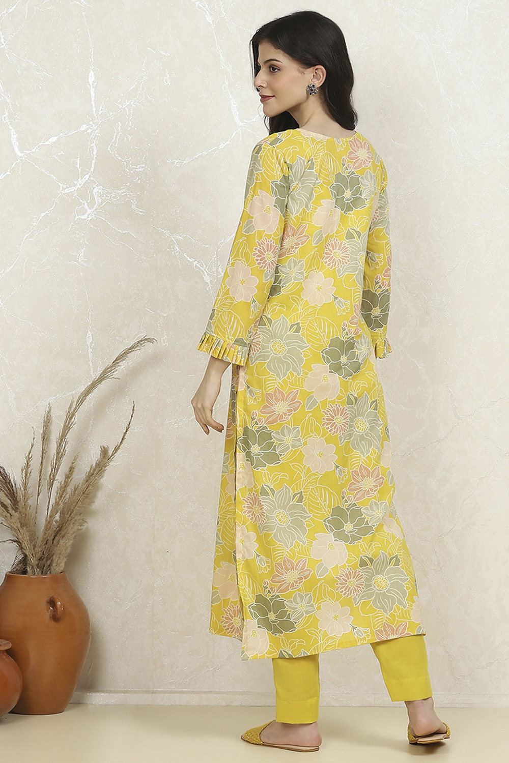 Yellow Cotton Printed Unstitched Suit Set image number 5