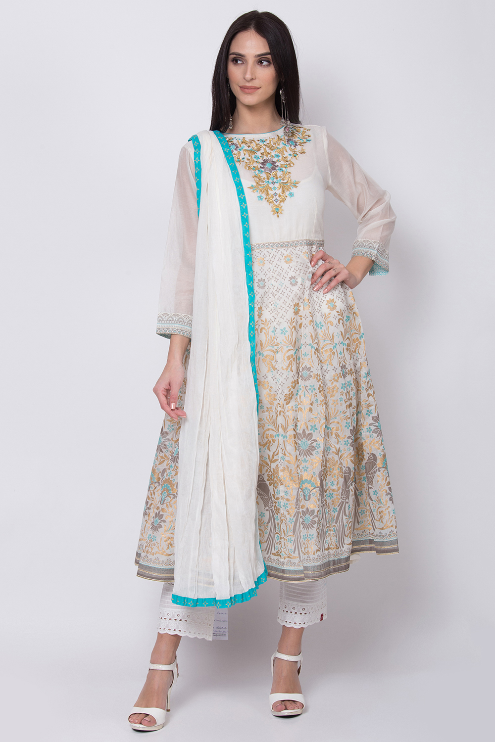 Off White Poly Cotton Anarkali Printed Kurta image number 4