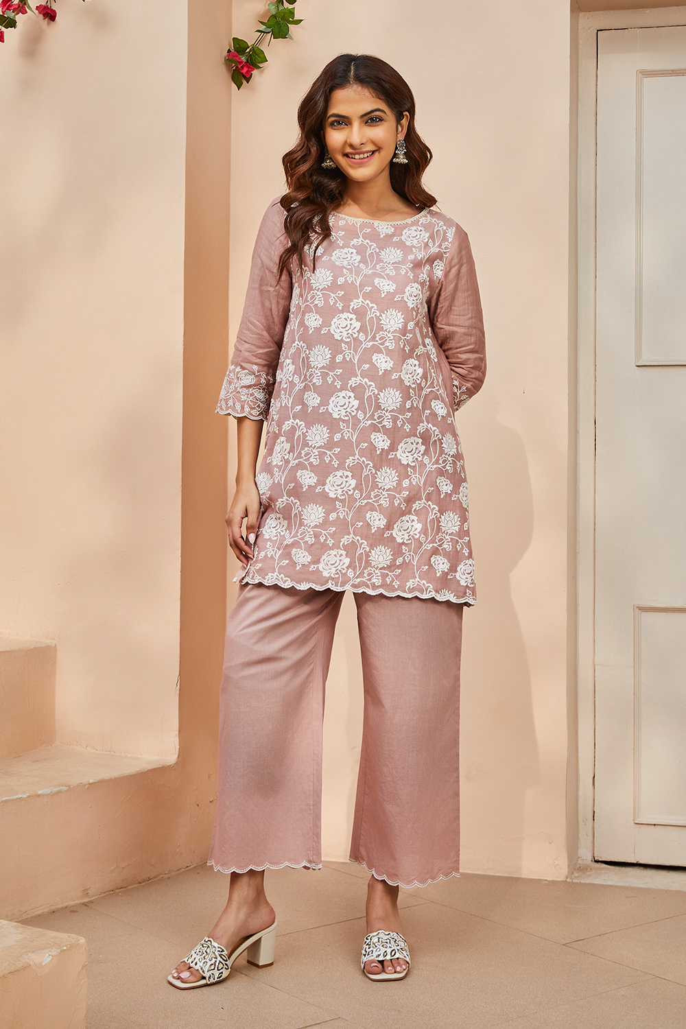 Antique Rose Polyester Blend Straight Kurta Set image number 0